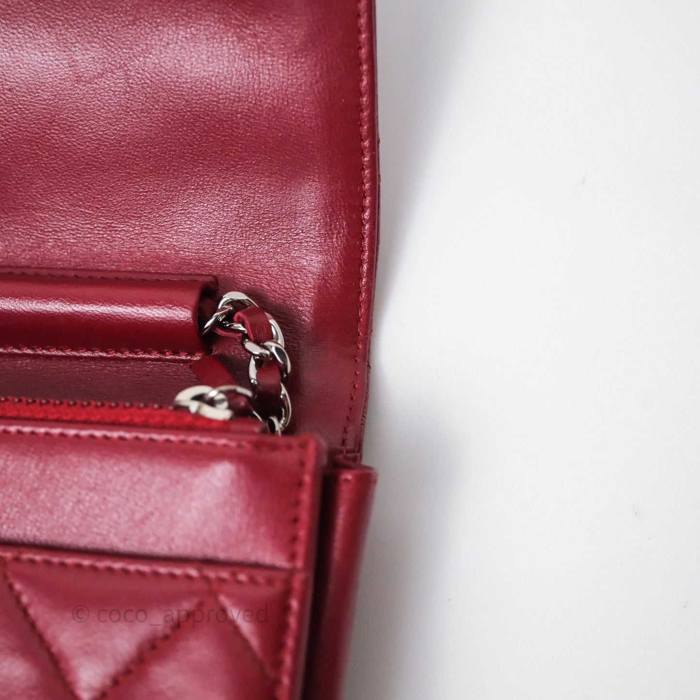 Chanel Quilted Wallet on Chain WOC Red Lambskin Silver Hardware