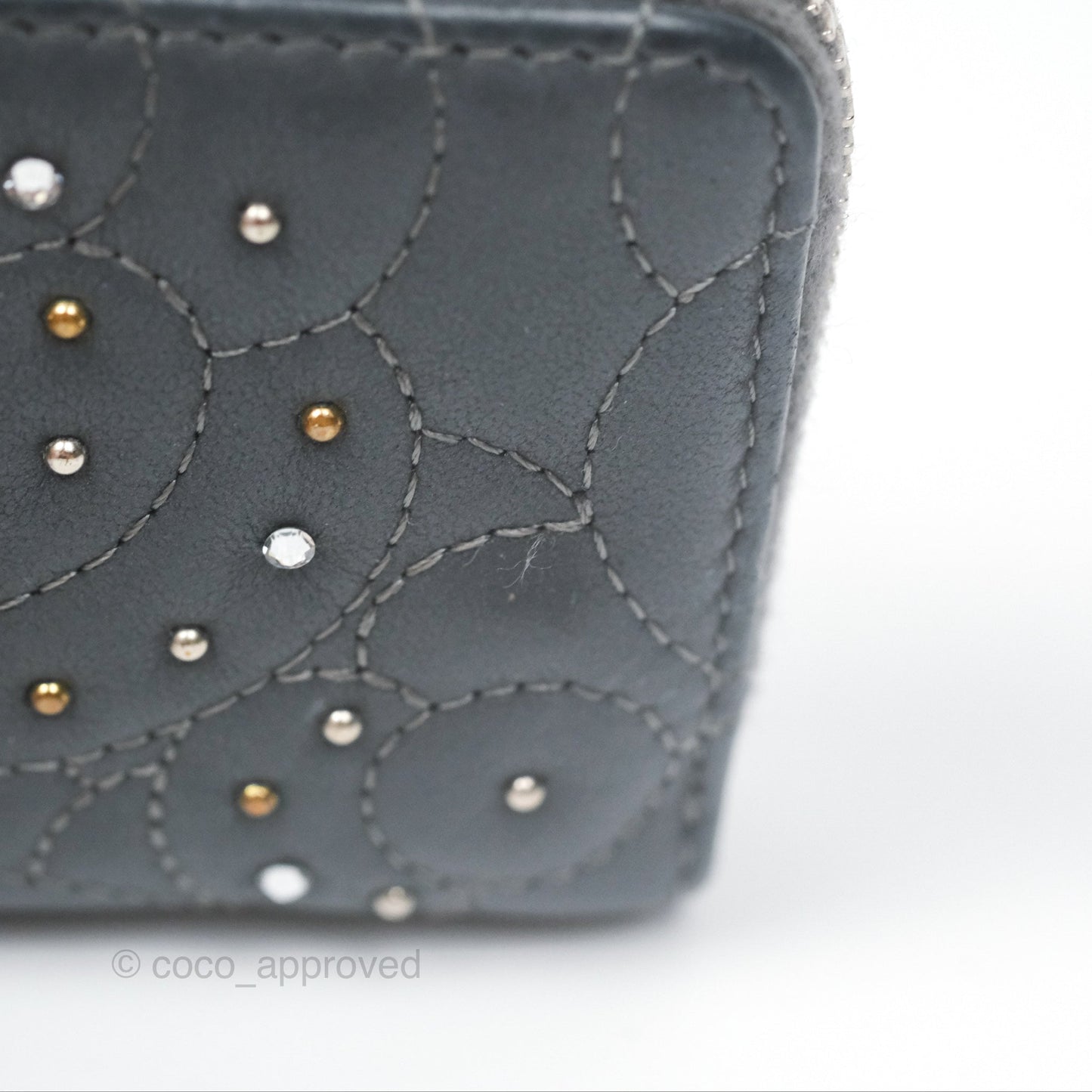Chanel Camellia Crystal Studded Zipped Coin Purse Grey Silver Hardware