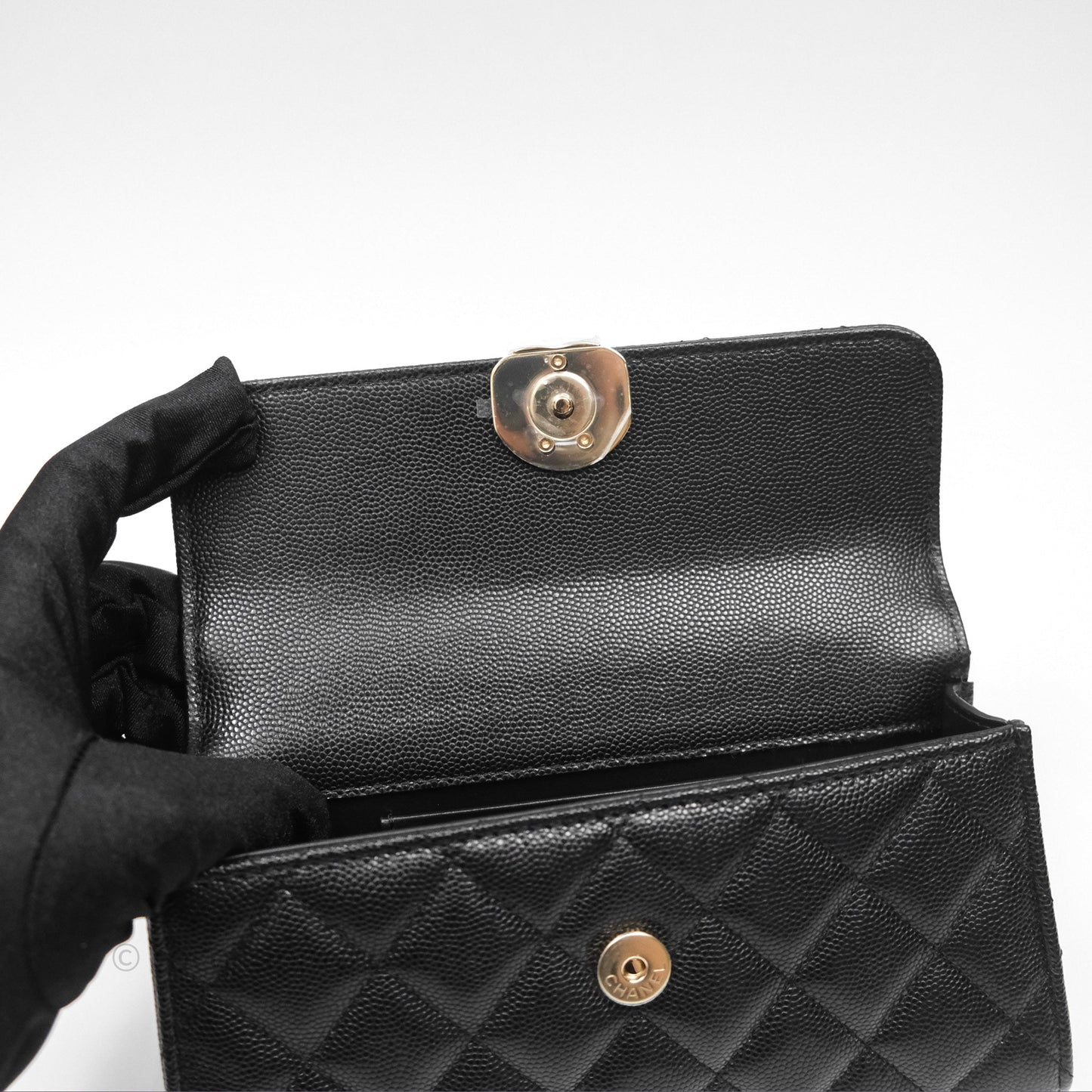 Chanel Top Handle Clutch with Chain Black Caviar Light Gold Hardware