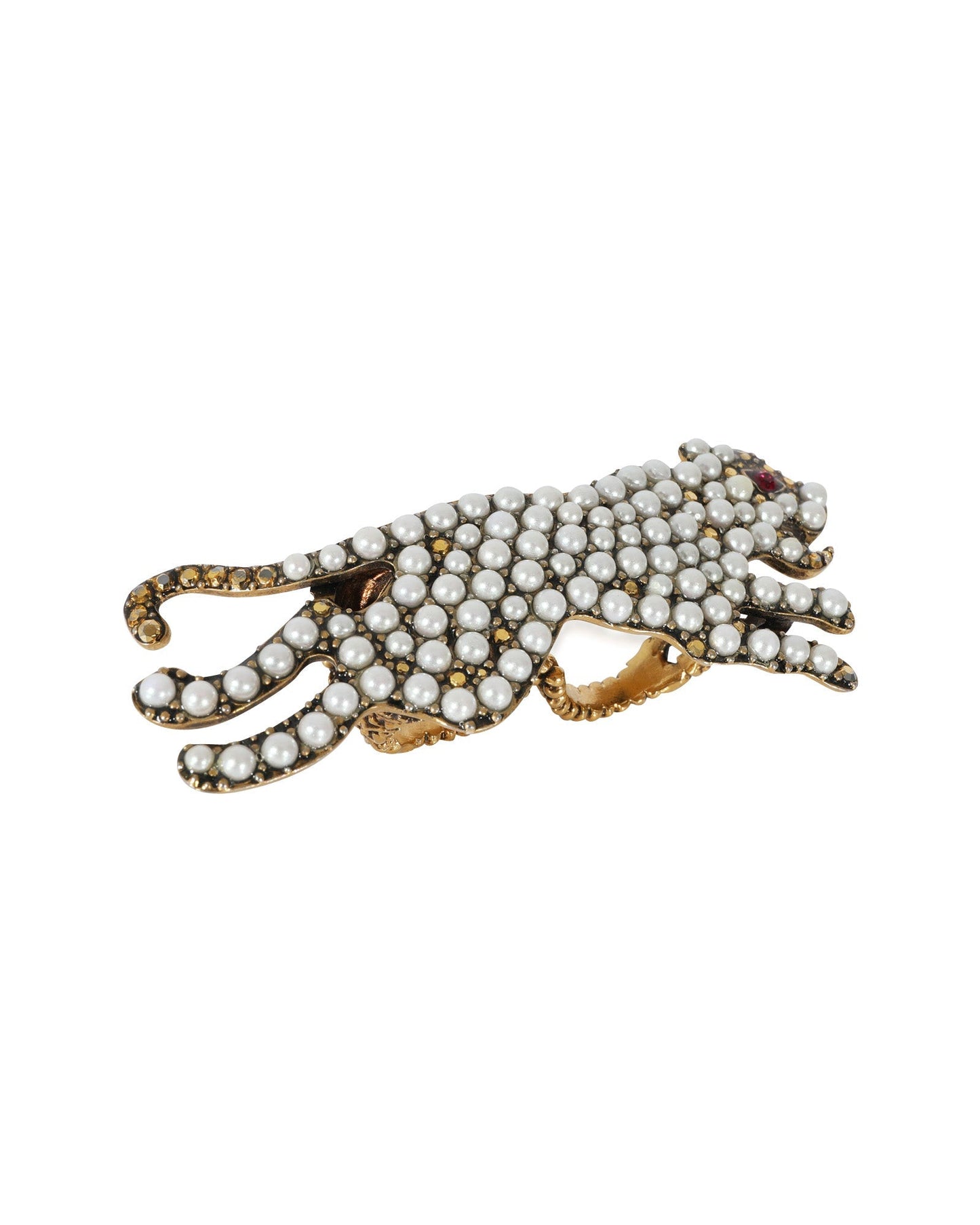 Luxury Gucci Trending 2025 Faux Pearl & Strass Double Finger  Panther Cocktail Ring