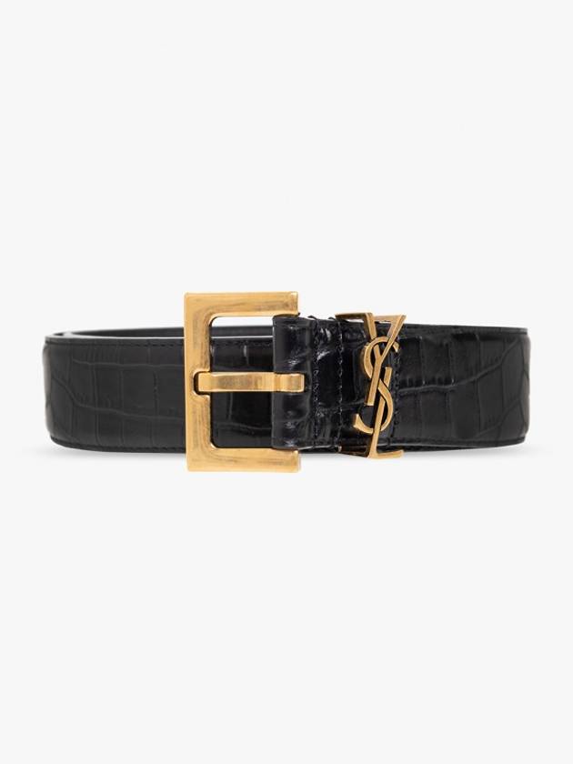 Luxury Saint Laurent Cassandra Square Crocodile Leather Buckle Belt Black