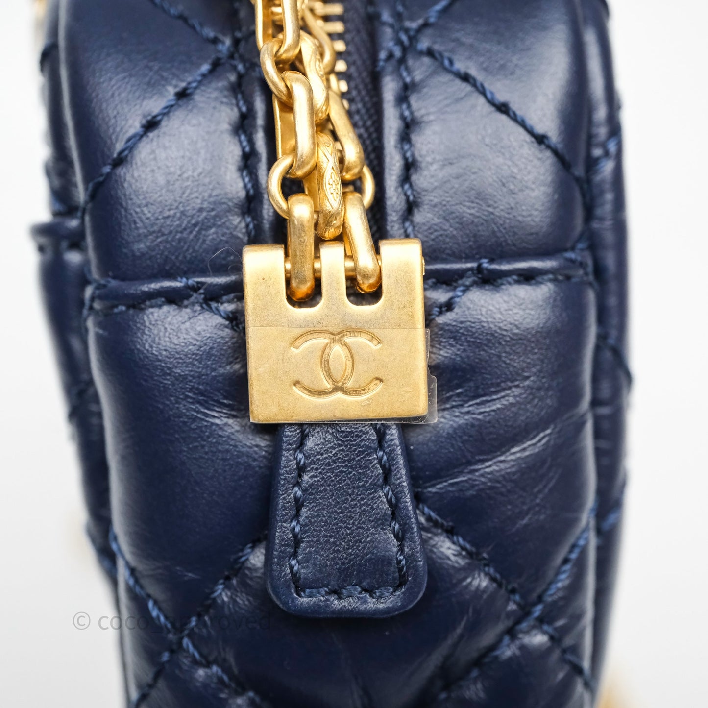 Chanel Quilted Mini Reissue Camera Case Navy Aged Calfskin Aged Gold Hardware