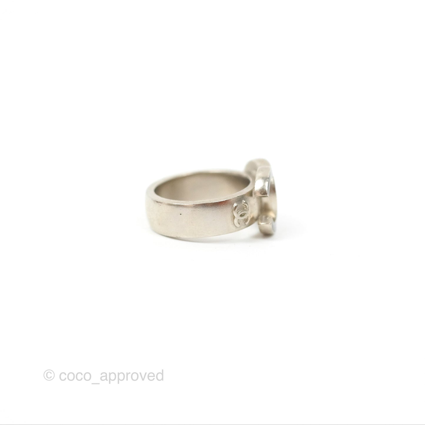 Chanel Black CC Ring Brushed Silver Tone 08A
