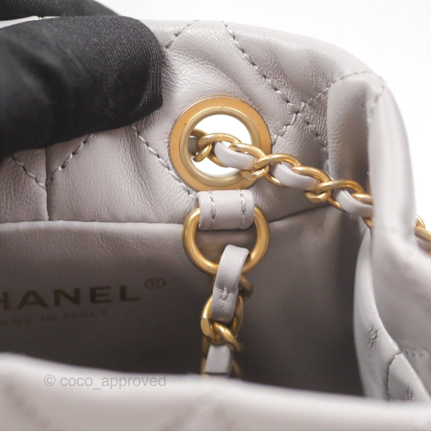 Chanel Pearl Crush Drawstring Bucket Bag Grey Lambskin Aged Gold Hardware