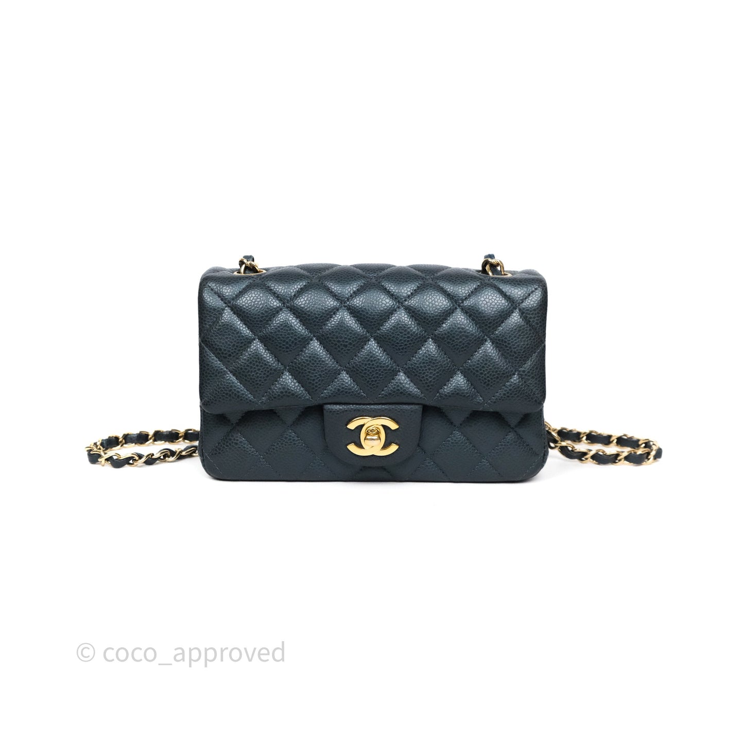 Chanel Mini Rectangular Quilted Iridescent Teal Caviar Gold Hardware