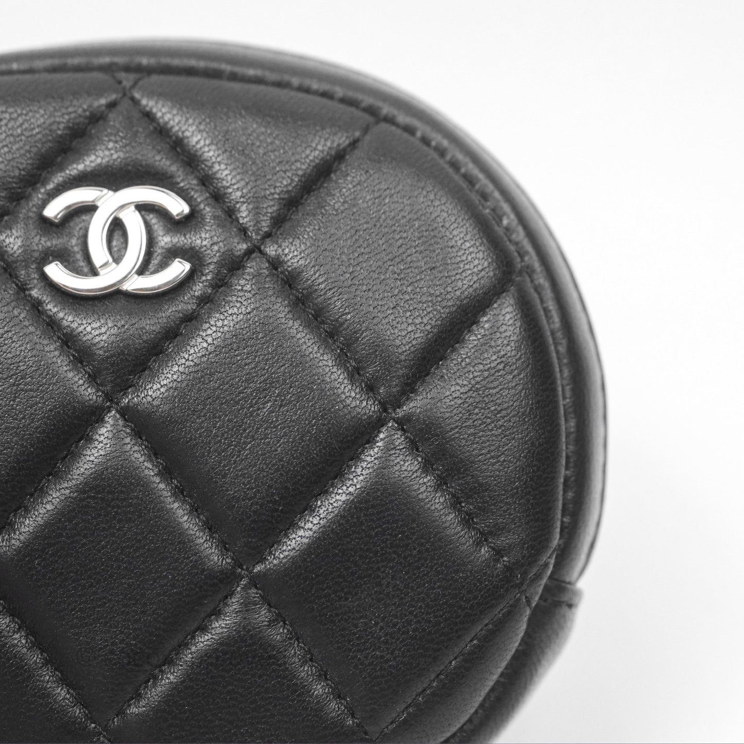 Chanel Quilted CC Round Coin Purse Black Lambskin Silver Hardware