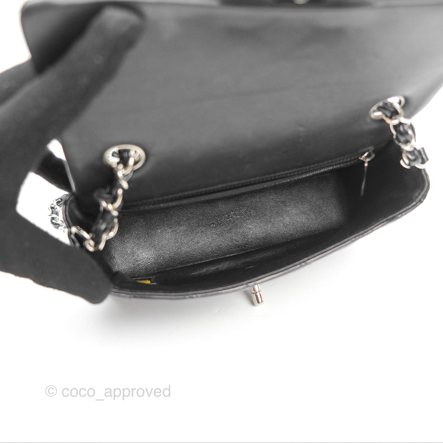 Chanel Quilted Mini Rectangular Flap Black Patent Silver Hardware