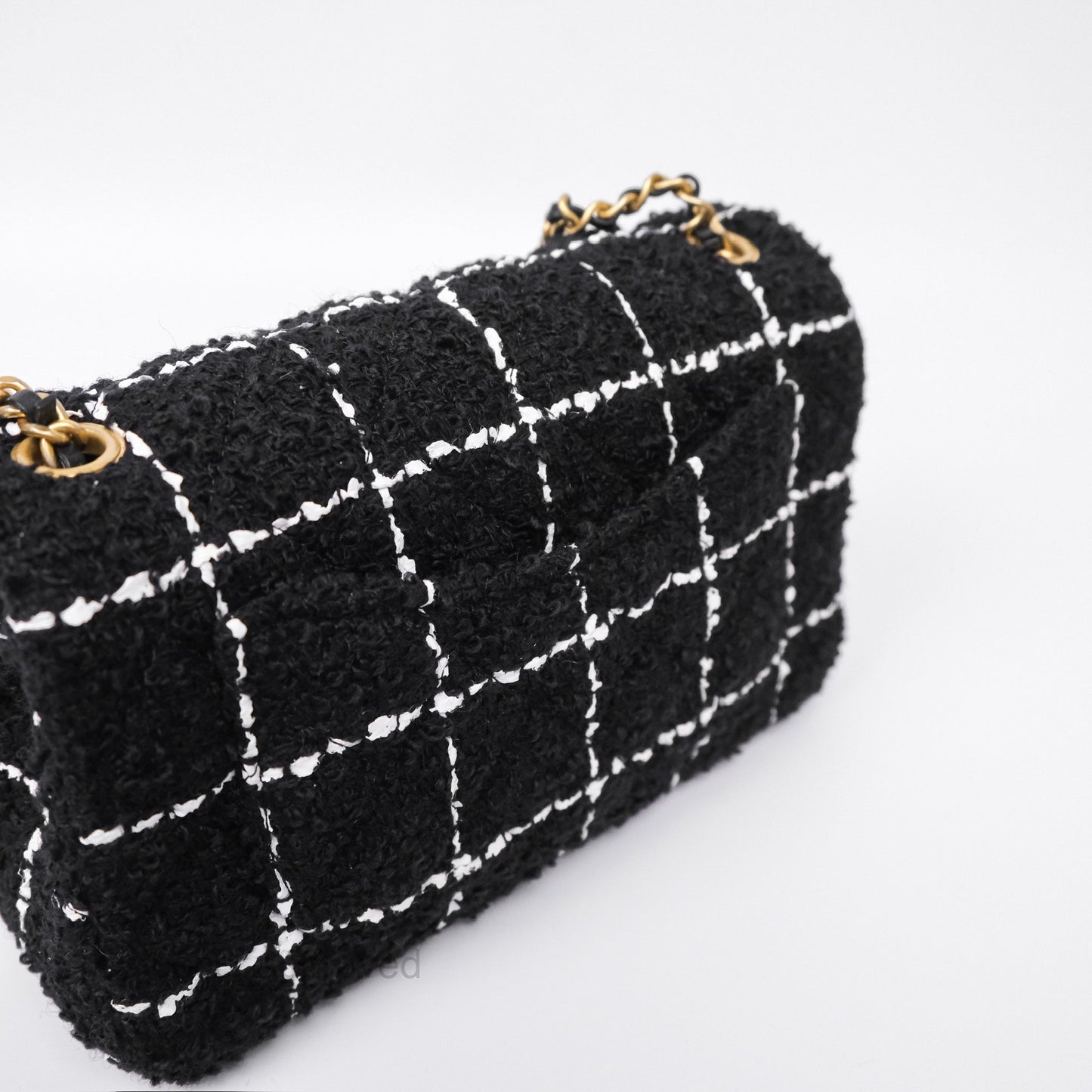 Chanel Pearl Crush Mini Rectangular Grid Black White Tweed Aged Gold Hardware