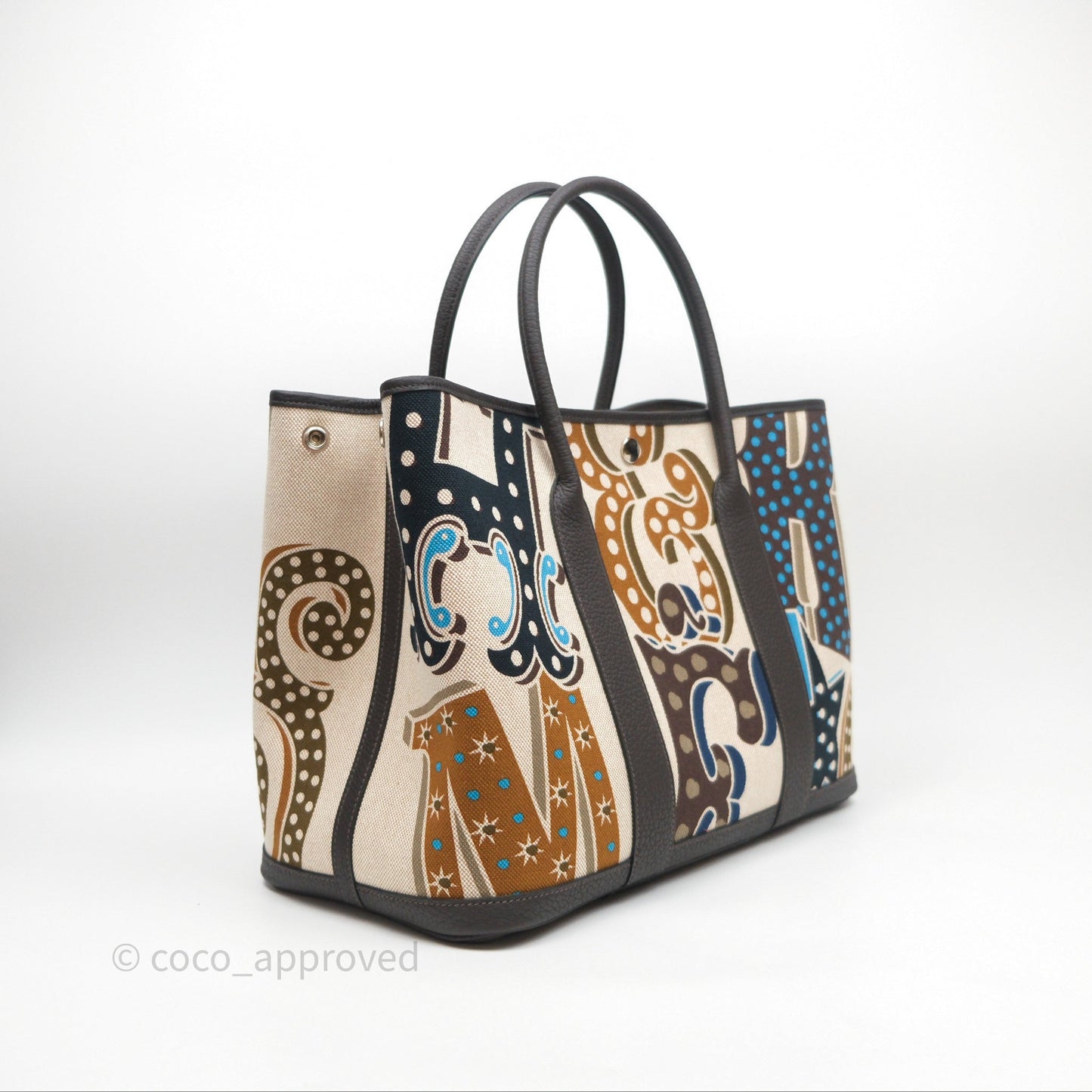 Hermès Garden Party 36 Printed H Plume Canvas/ Negonda Caramel 28/ Ecru-beige 14/ Ebene 46