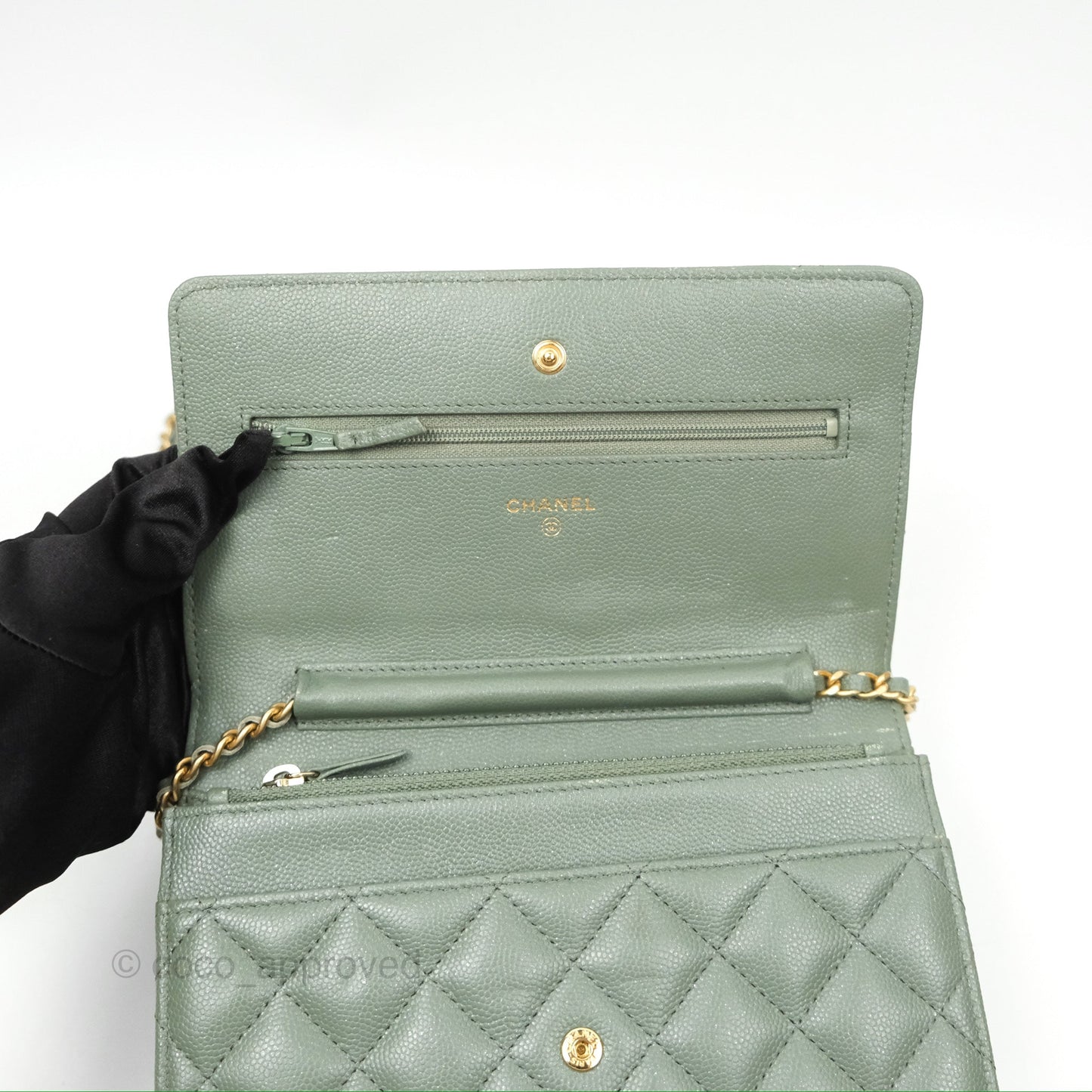 Chanel Classic Quilted Wallet On Chain WOC Glitter Dark Tiffany Green Caviar Aged Gold Hardware