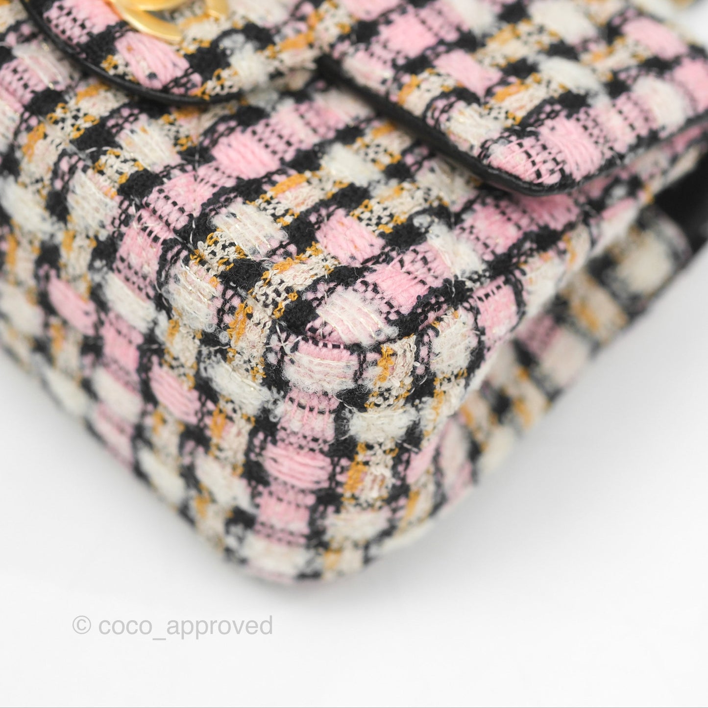 Chanel Pearl Crush Mini Square Quilted Pink Tweed Aged Gold Hardware