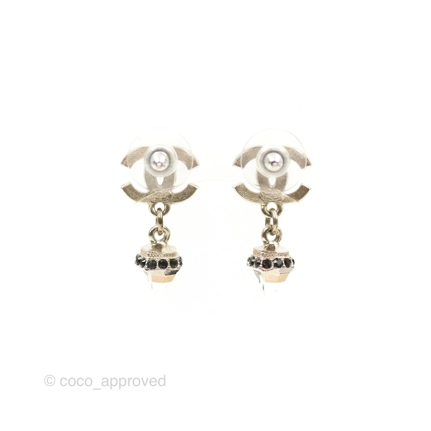 Chanel Crystal CC Drop Earrings Black Silver Tone 19B