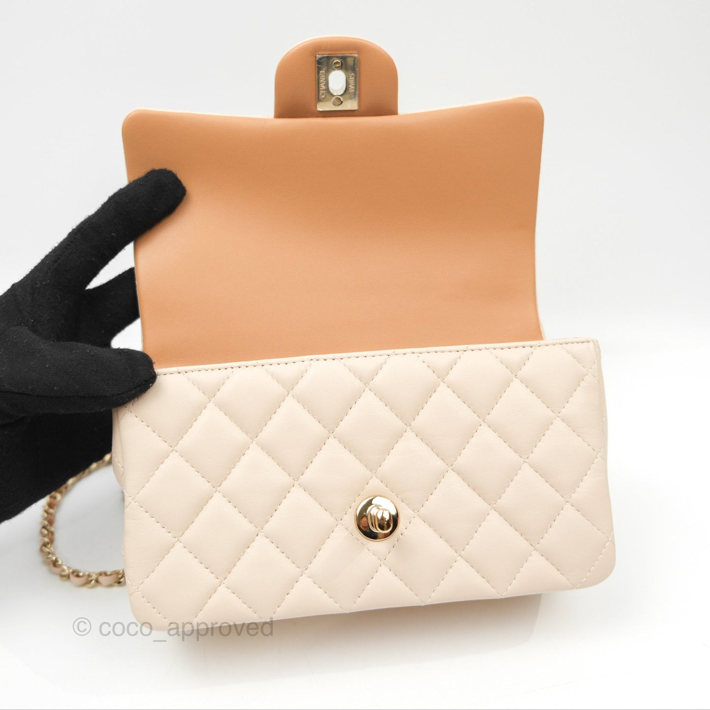 Chanel Top Handle Mini Rectangular Flap Bag Ecru/Beige Lambskin Gold Hardware 23P