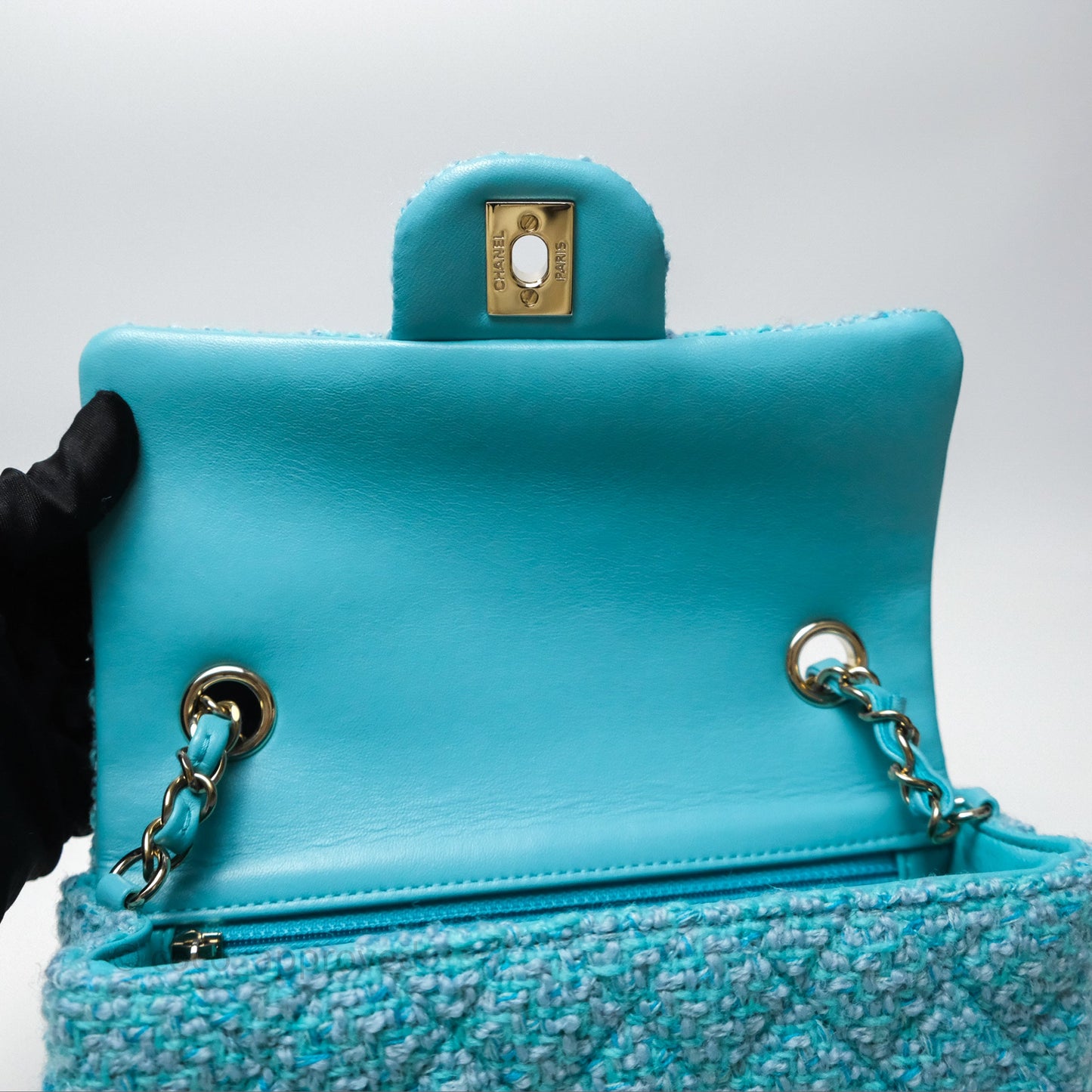 Chanel Quilted Mini Rectangular Flap Blue Tweed Gold Hardware