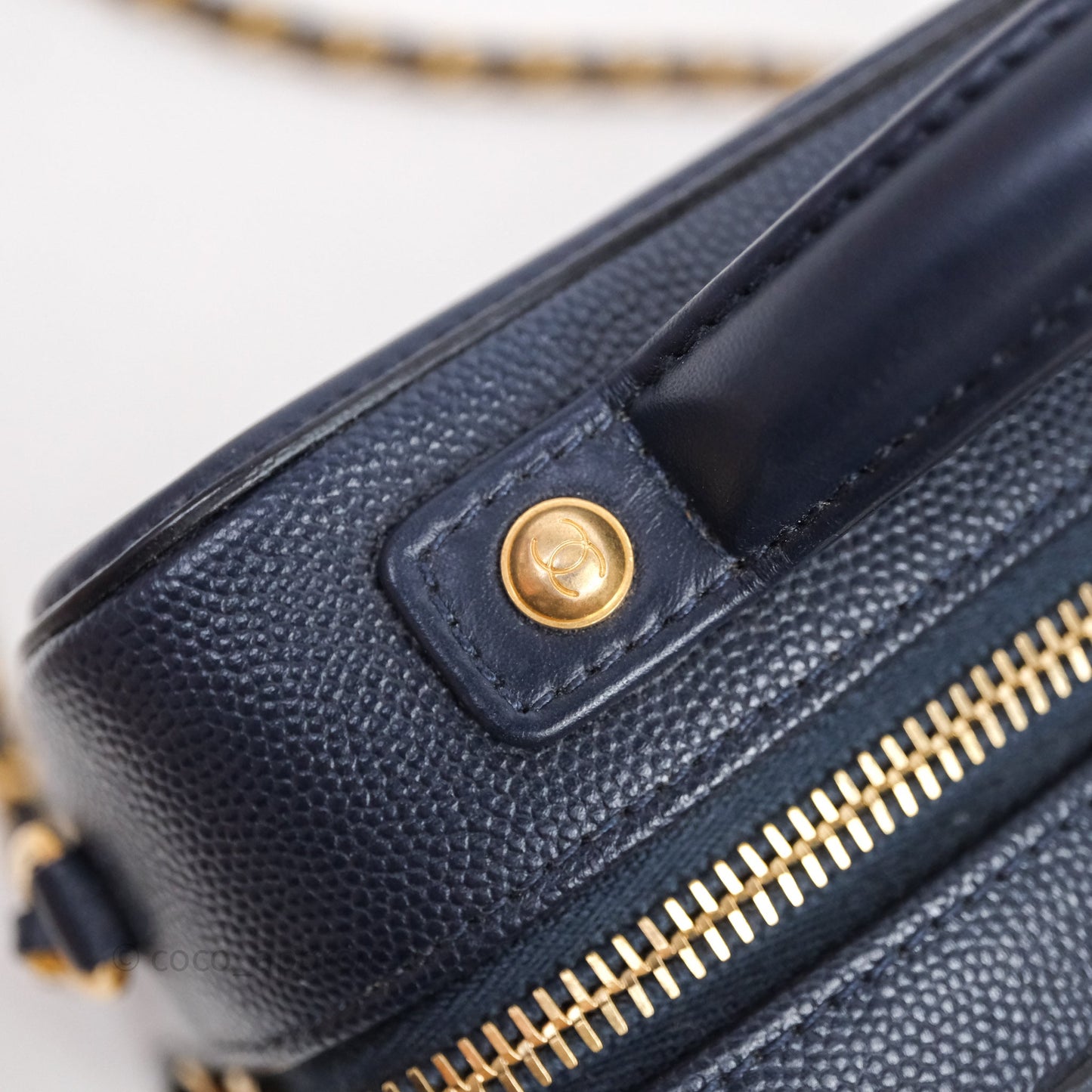 Chanel Quilted Small CC Filigree Vanity Case Navy Caviar Gold Hardware