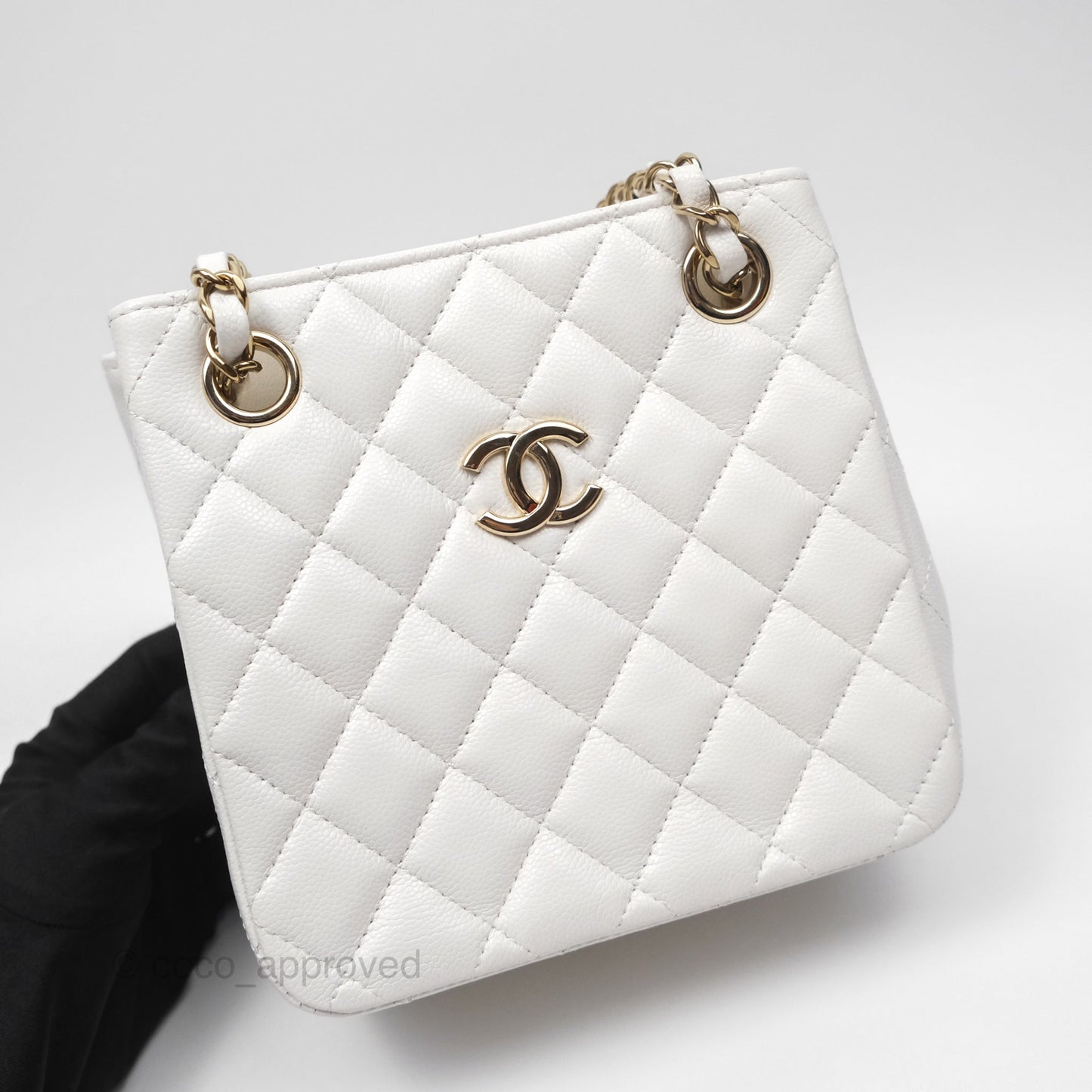 Chanel Mini Bucket Tote White Caviar Gold Hardware 22S