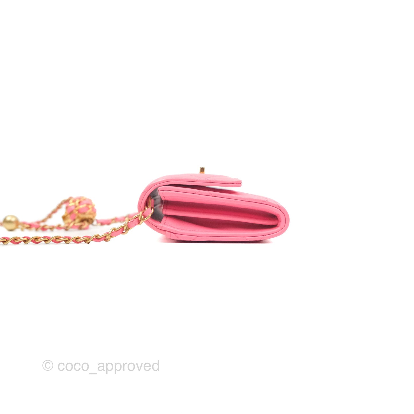Chanel Pearl Crush Mini Clutch With Chain Pink Lambskin Aged Gold Hardware