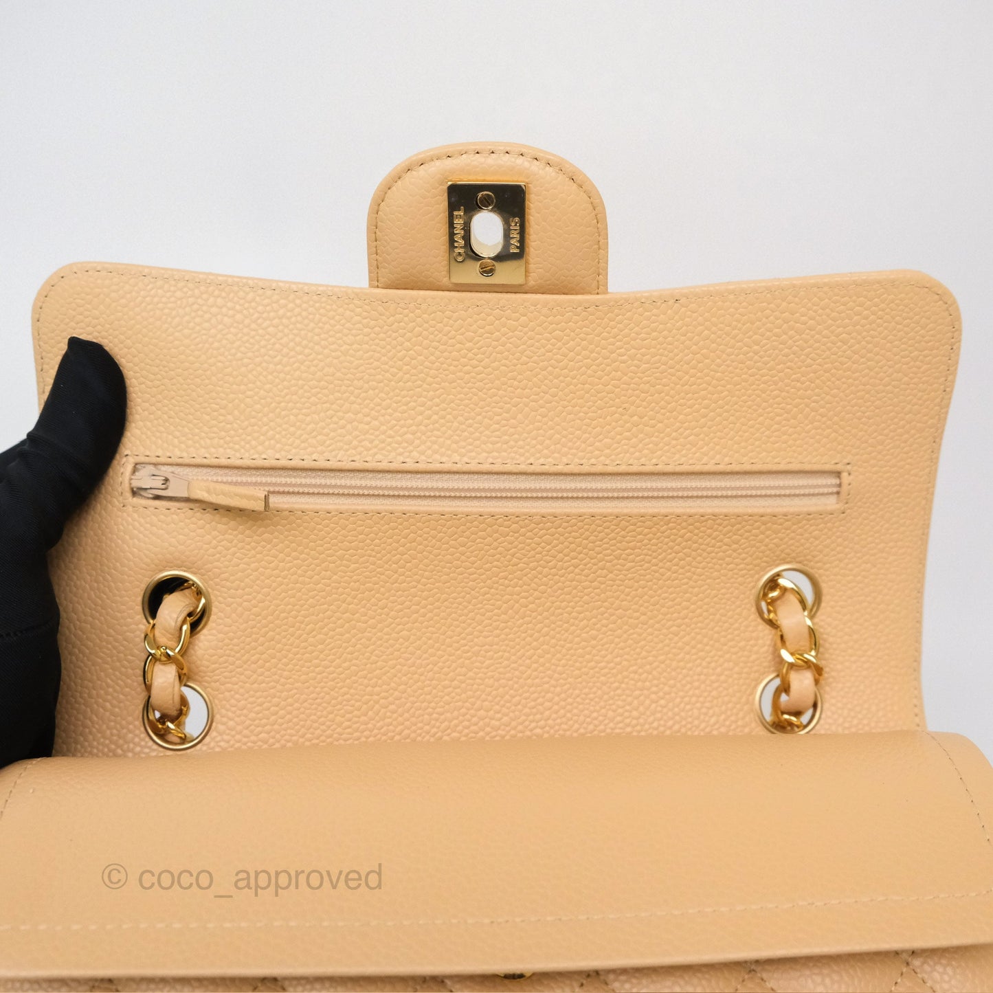 Chanel Small S/M Classic Flap Quilted Beige Caviar Gold Hardware
