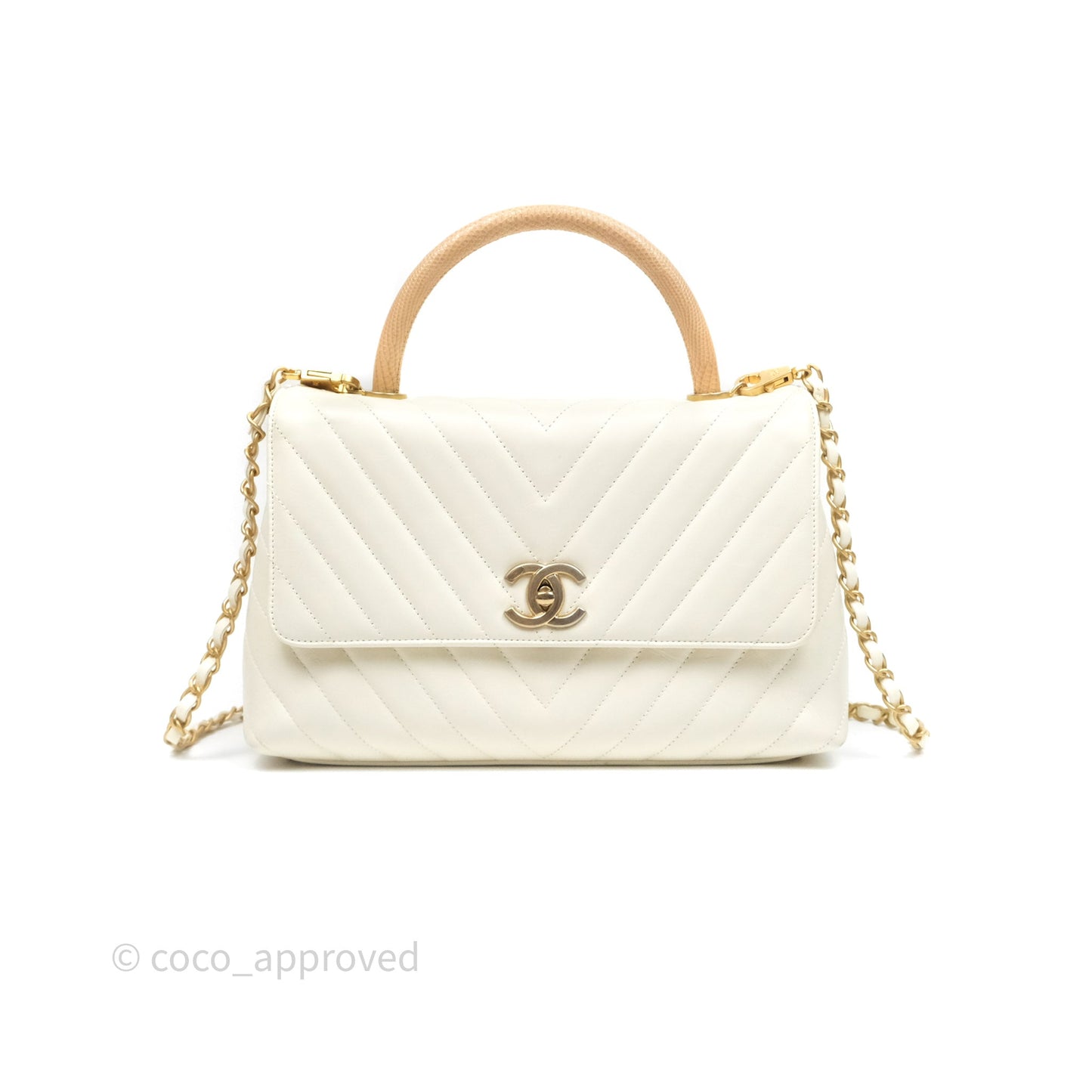 Chanel Medium Coco Handle Chevron Aged Calfskin Ivory Aged Gold Hardware Beige Lizard Handle