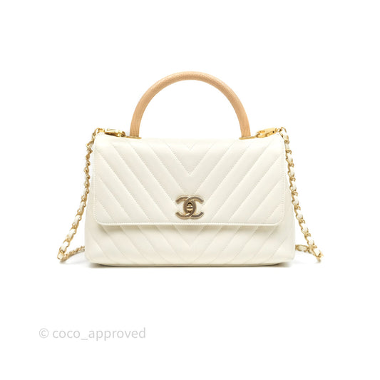 Chanel Medium Coco Handle Chevron Aged Calfskin Ivory Aged Gold Hardware Beige Lizard Handle