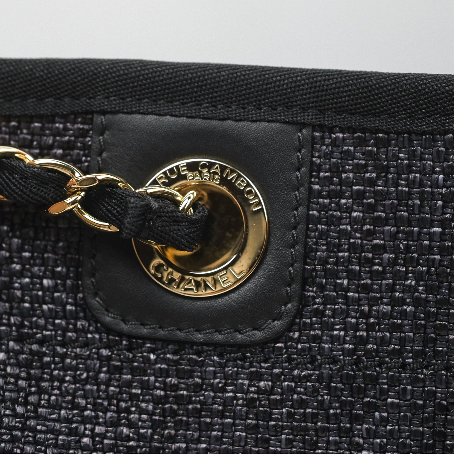 Chanel Medium Deauville Tote Black Dark Grey Raffia Woven Gold Hardware