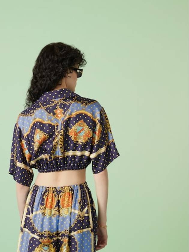 Luxury Gucci Trending 2025 Polka Dot Cropped Silk Shirt Blue