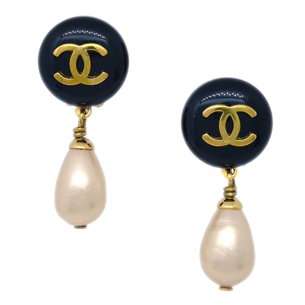 Chanel Artificial Pearl Dangle Earrings Clip-On Gold 95P