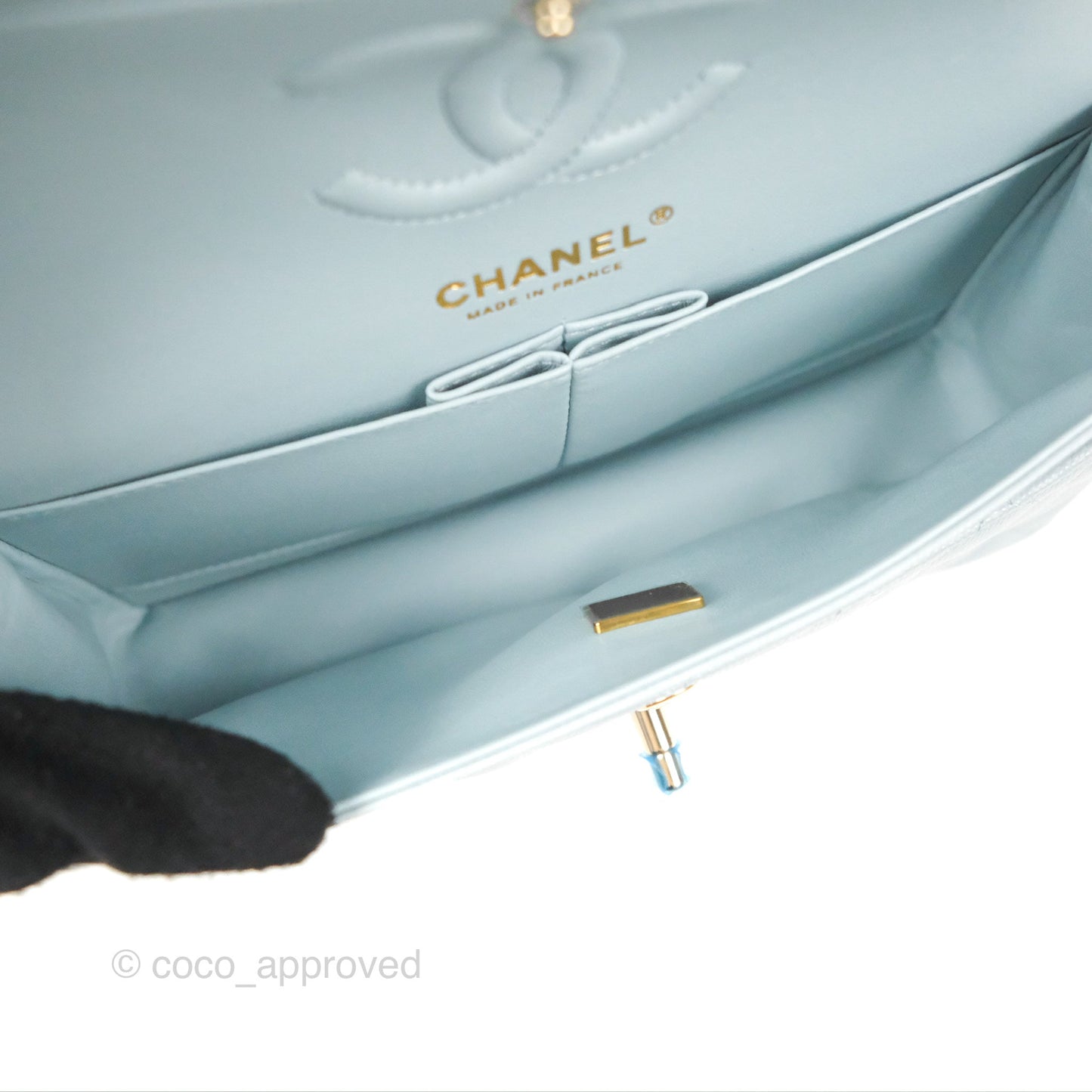 Chanel Small Classic Quilted Flap Light Blue Caviar Gold Hardware 22P