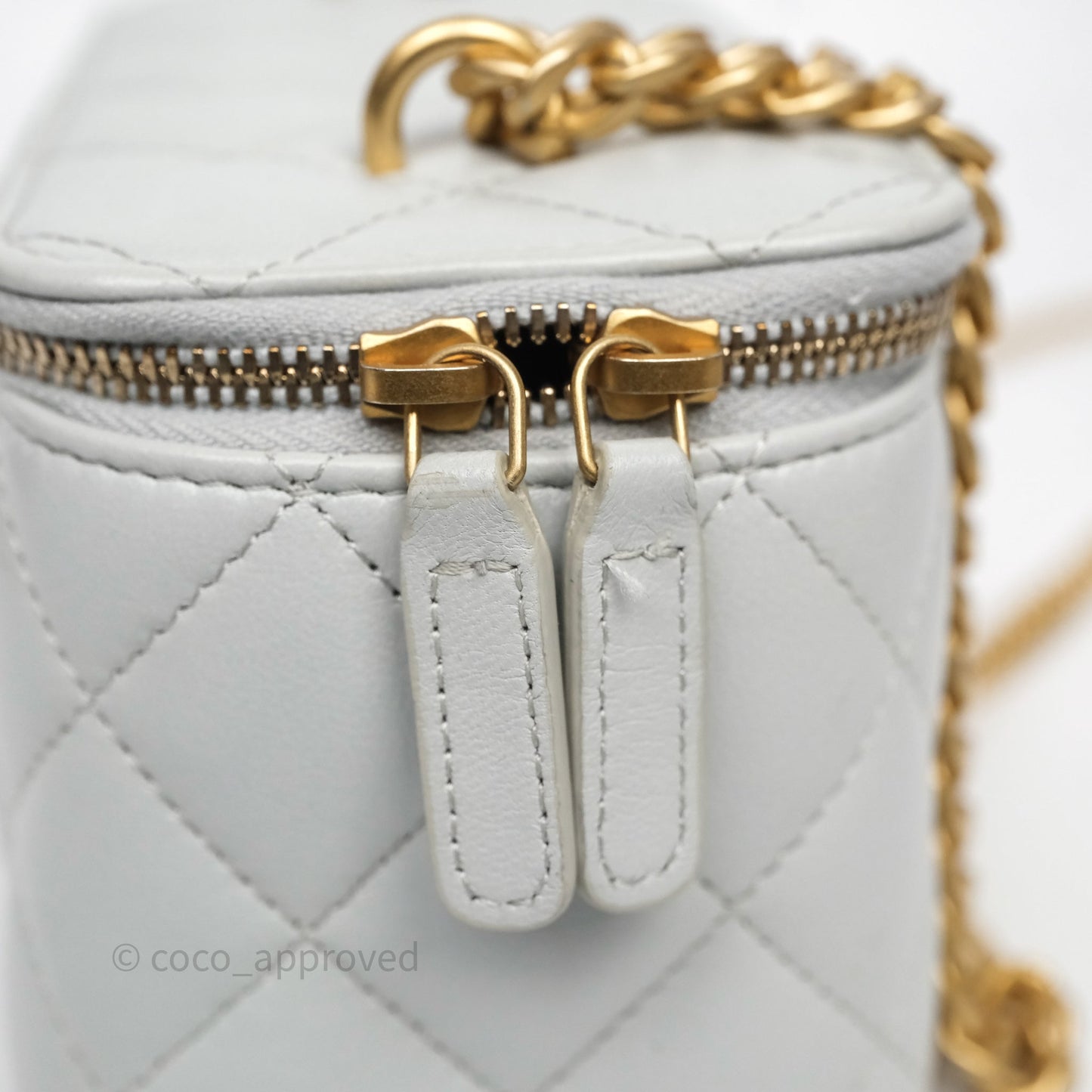 Chanel Quilted Vanity Rectangular with Camellia Adjustable Chain Blue Grey Lambskin Aged Gold Hardware