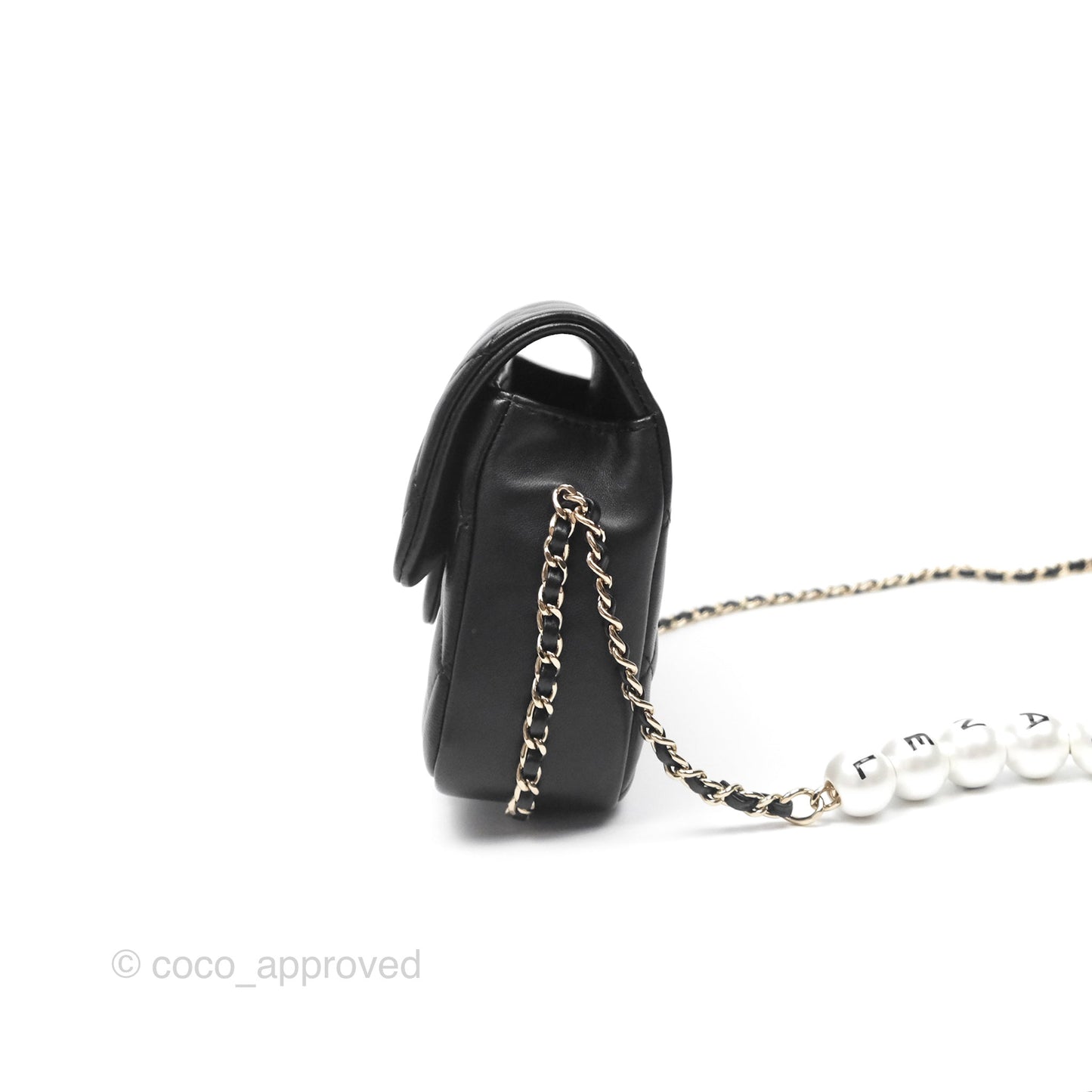 Chanel Logo Pearl Chain Flap Bag Black Lambskin Gold Hardware