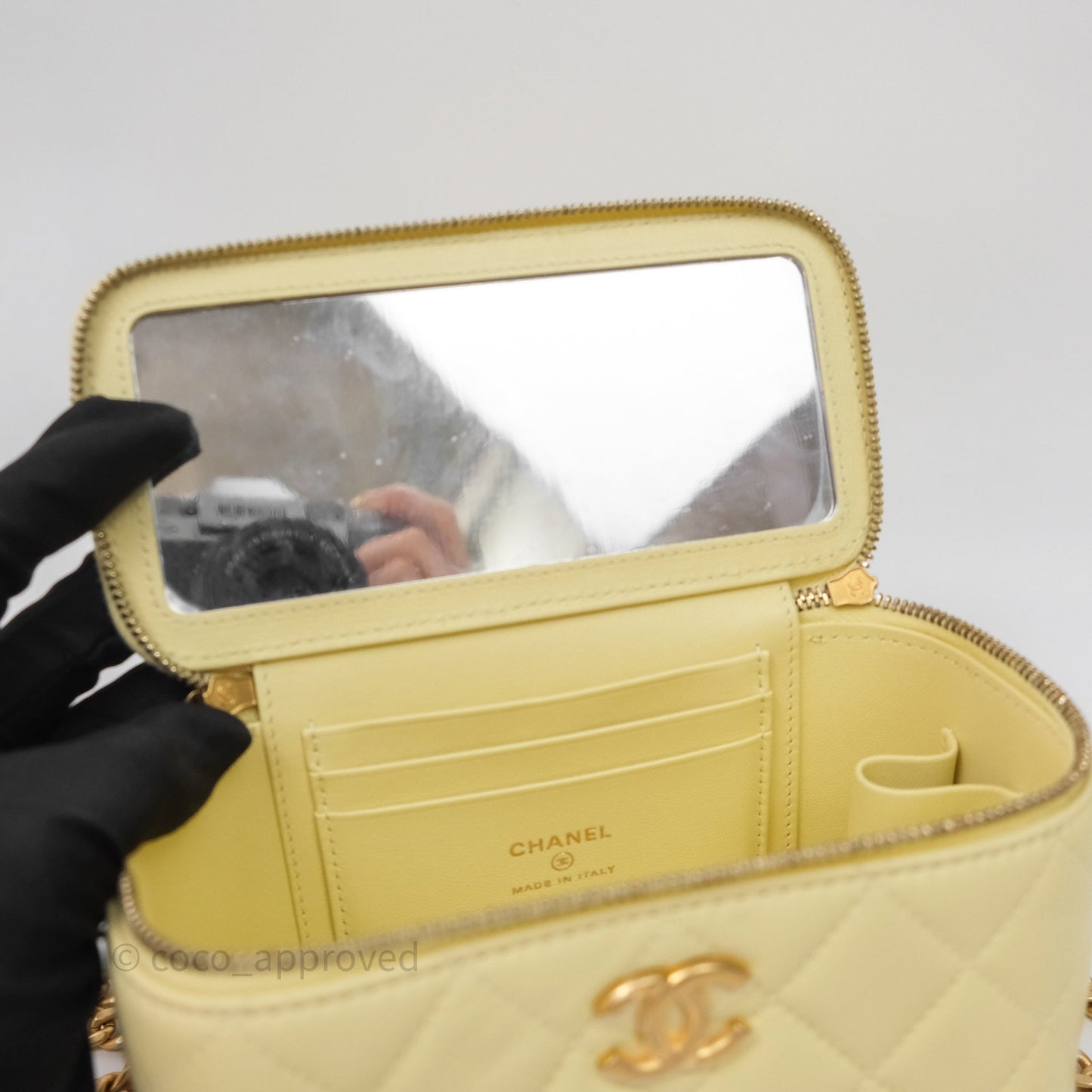 Chanel Quilted Vanity Rectangular with Camellia Adjustable Chain Yellow Lambskin