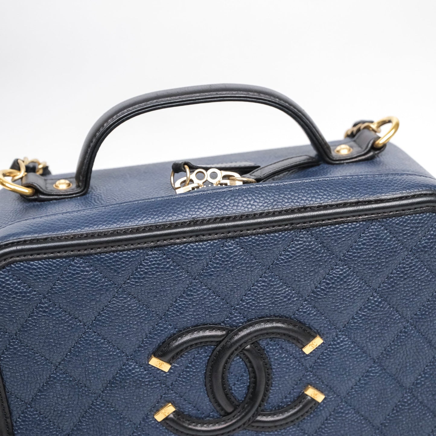 Chanel Quilted Large CC Filigree Vanity Case Navy Black Caviar Aged Gold Hardware