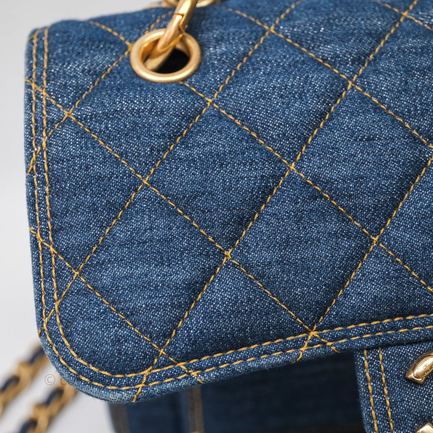 Chanel Square Flap Bag Denim Aged Gold Hardware