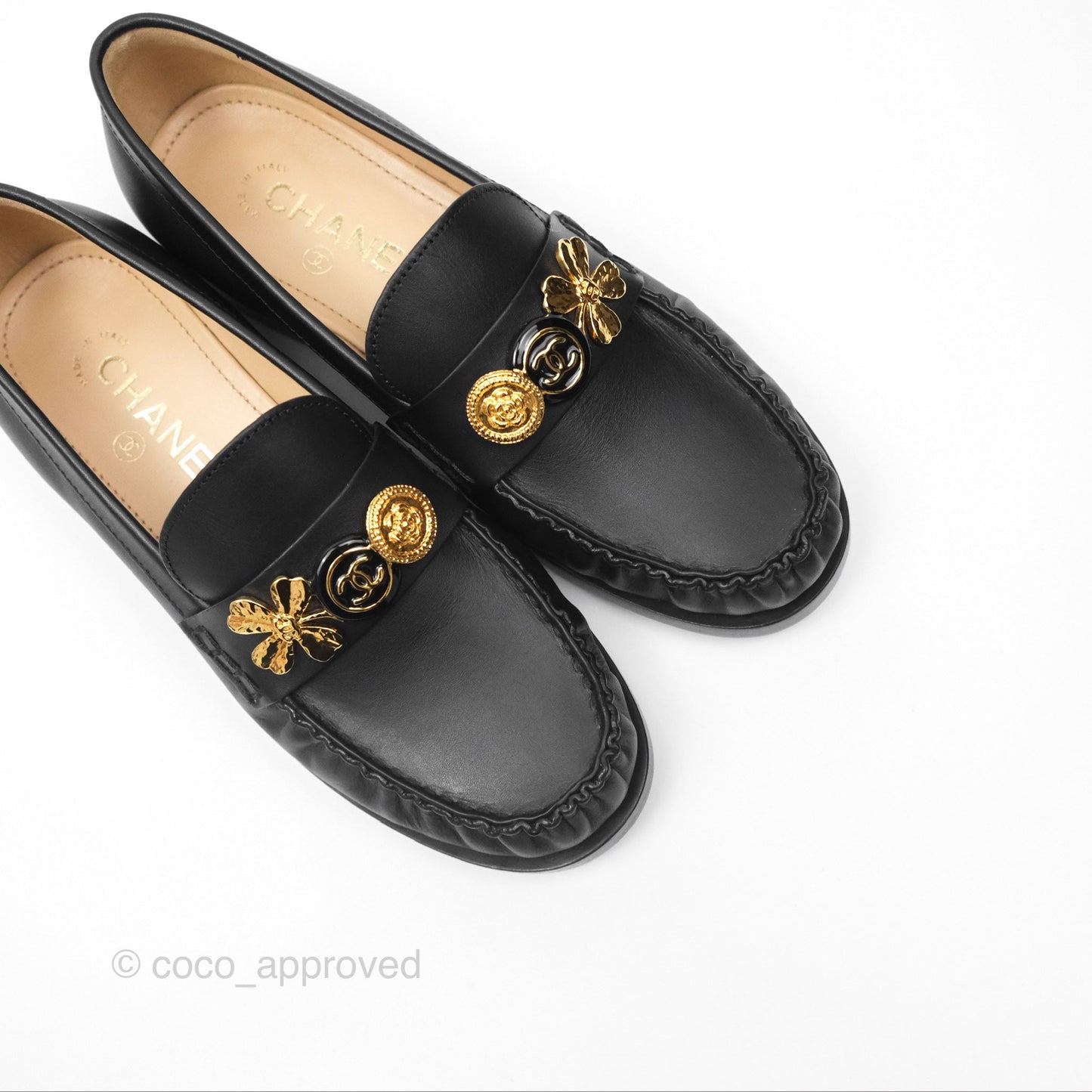 Chanel Loafers Black Leather CC Clover Camellia 23S Size 37C