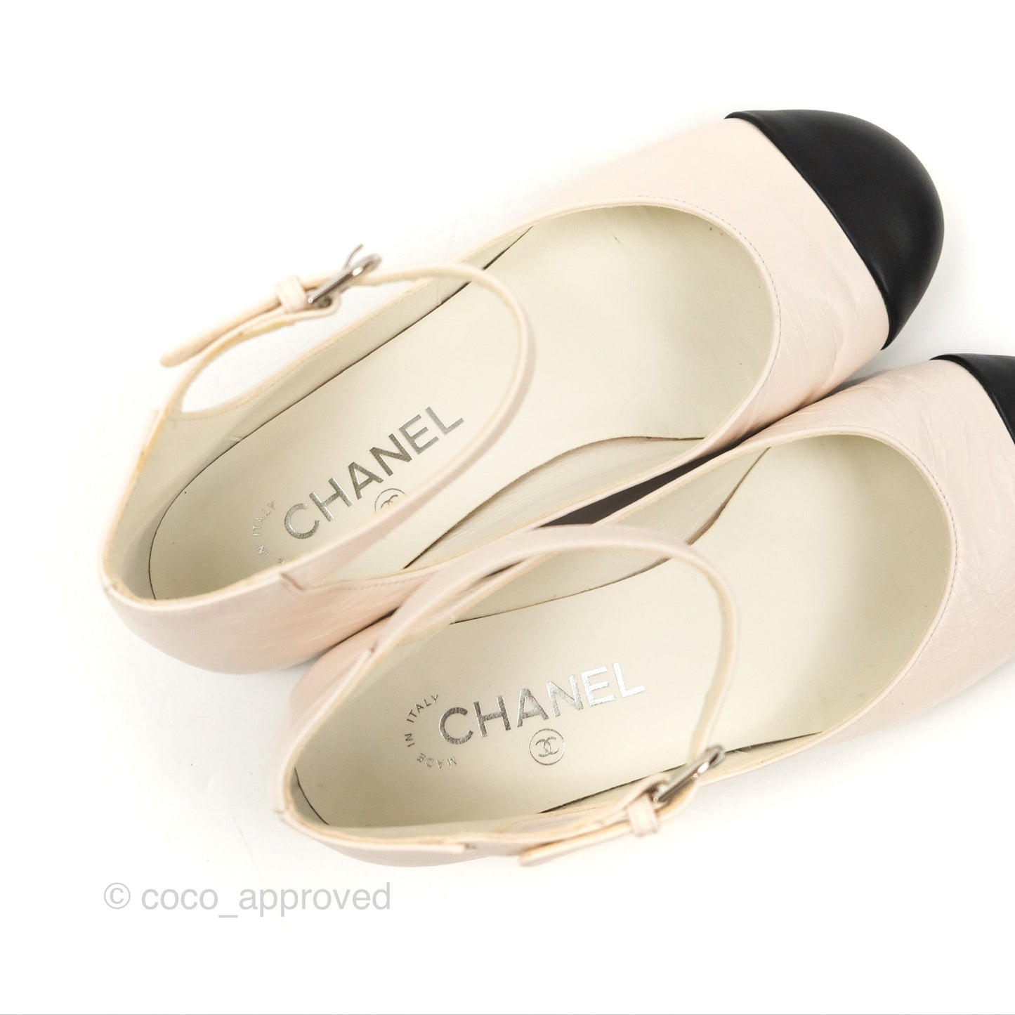 Chanel Mary Janes White Black Lambskin Shoes Size 37.5