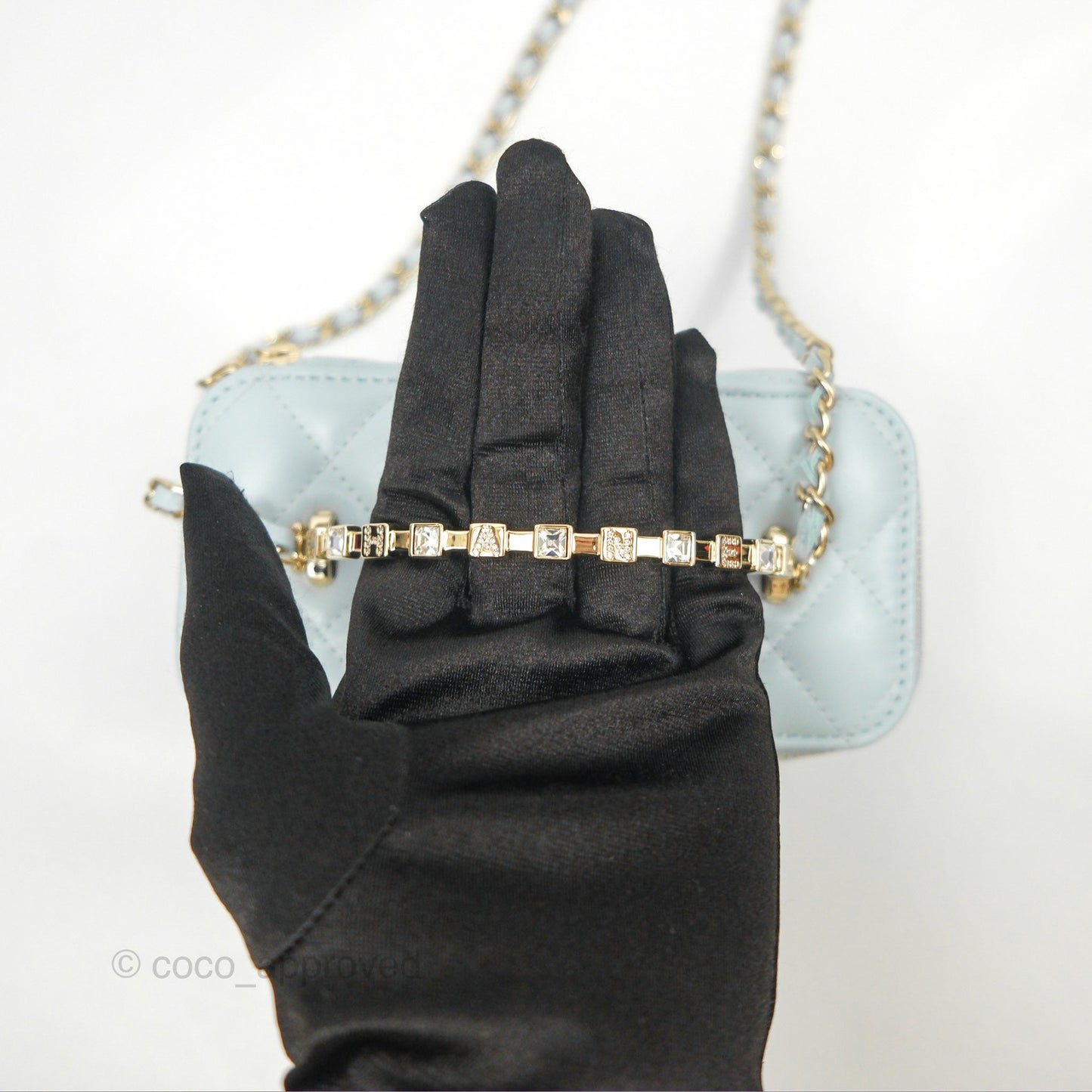 Chanel Vanity Rectangular Logo Crystal Top Handle Light Blue Lambskin Gold Hardware