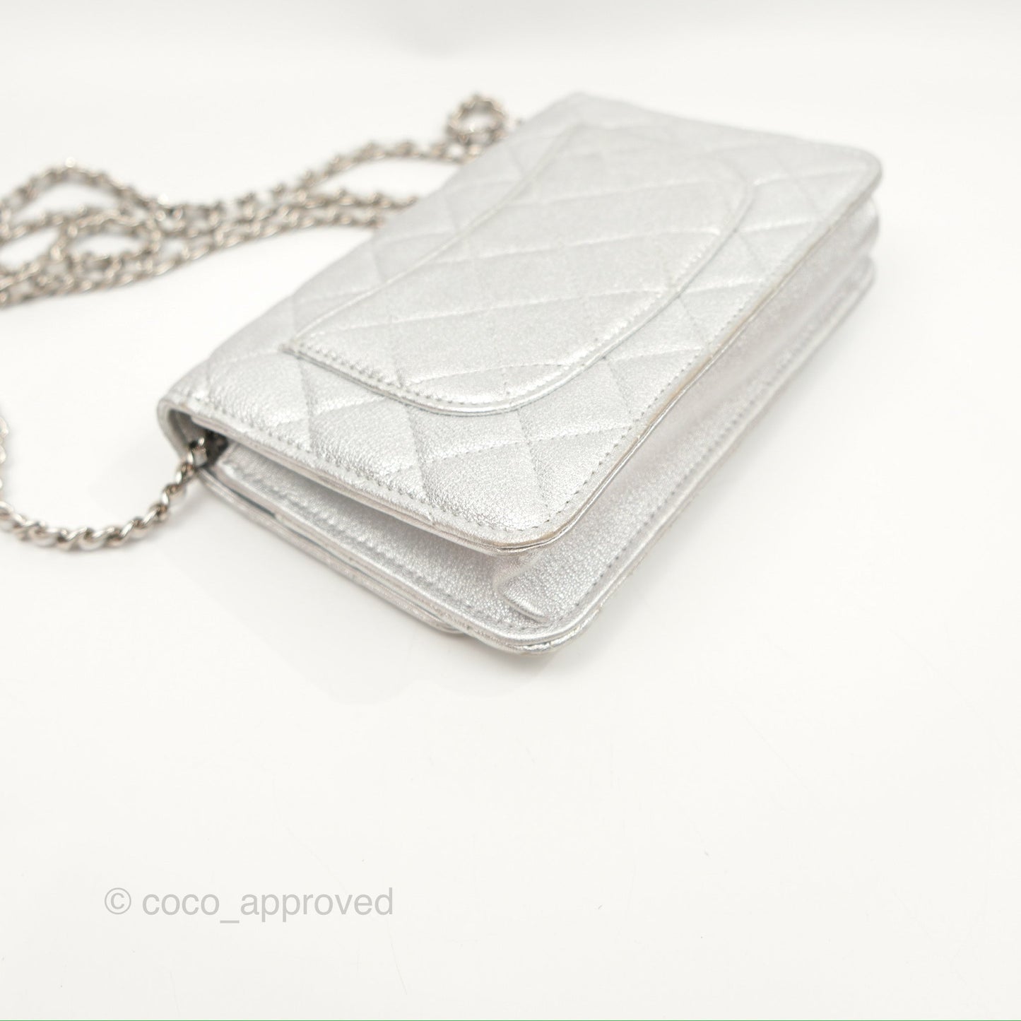 Chanel Quilted Wallet on Chain WOC Iridescent Silver Grained Lambskin Silver Hardware