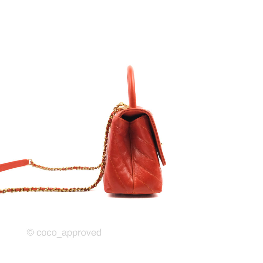 Chanel Chevron Small Coco Handle Dark Orange Shiny Aged Calfskin Aged Gold Hardware