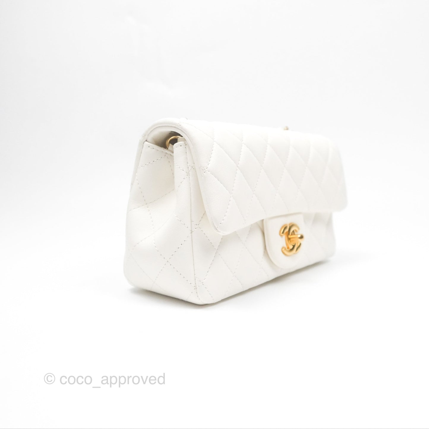 Chanel Mini Rectangular Pearl Crush Quilted White Lambskin Aged Gold Hardware