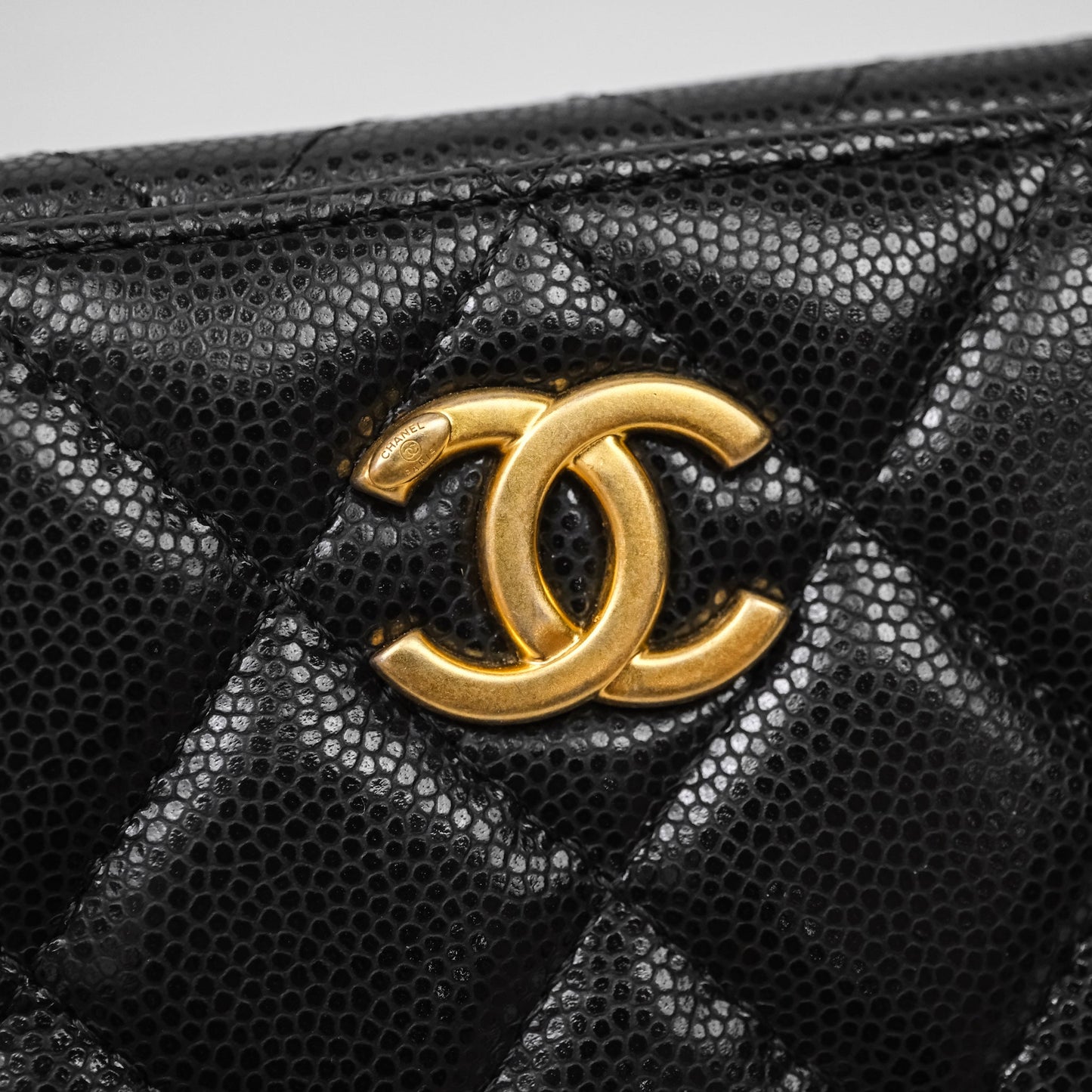 Chanel Quilted CC Coins Purse Chain Camera Case Black Caviar Aged Gold Hardware