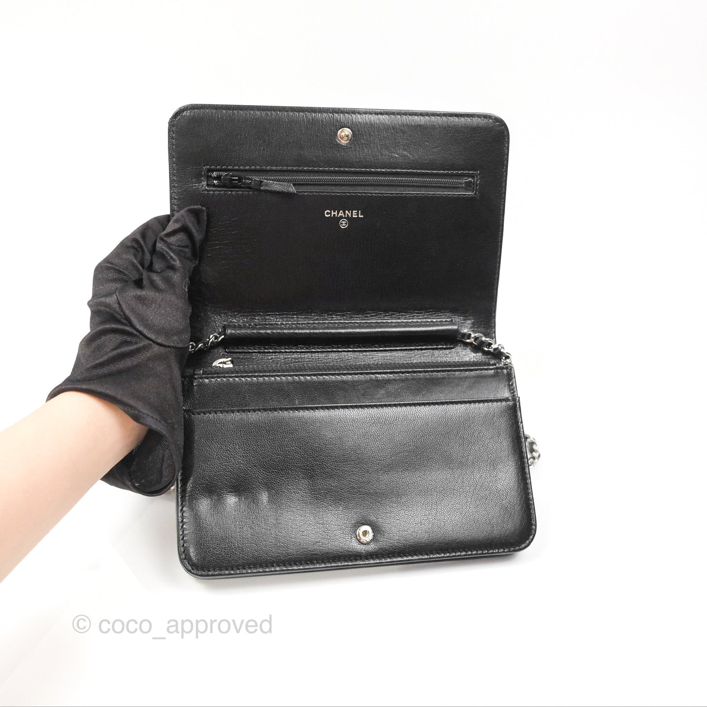 Chanel Diamond CC Wallet On Chain WOC Black Goatskin Silver Hardware