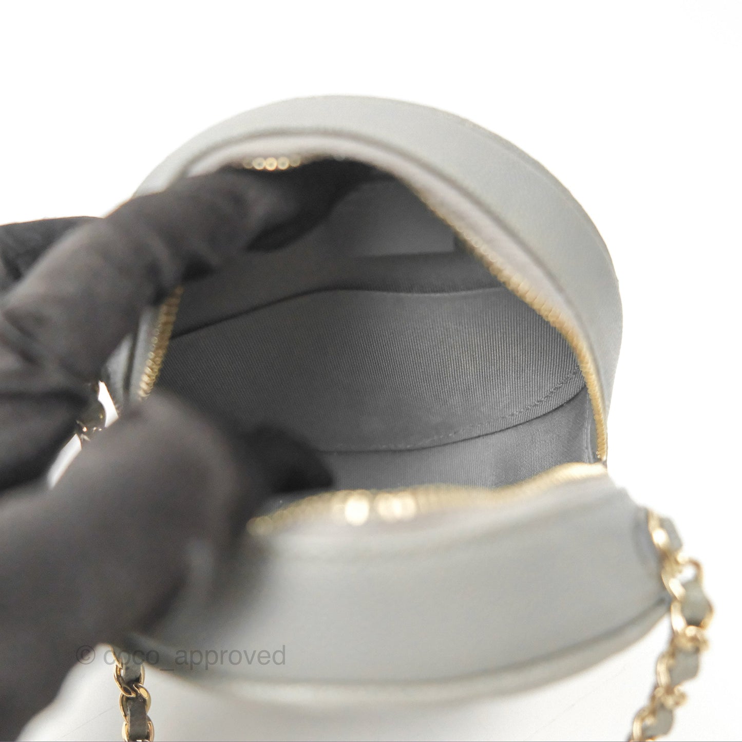 Chanel Classic Quilted Round Clutch With Chain Grey Caviar Gold Hardware