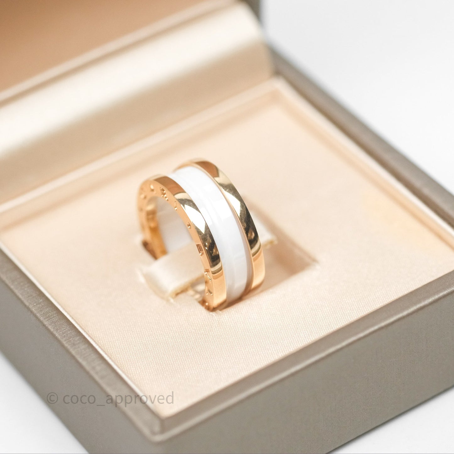 Bvlgari B.Zero1 Two-Band Ring White Ceramic Spiral 18K Rose Gold Size 49