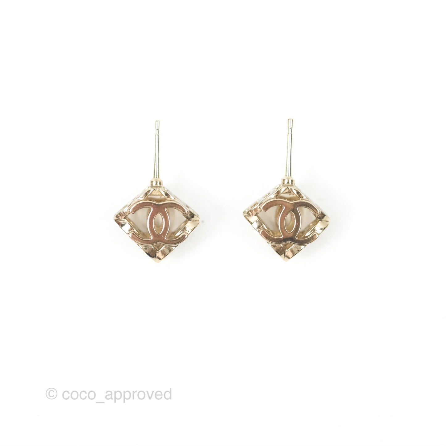 Chanel CC Gold/White Cube Earrings Gold Tone 22K