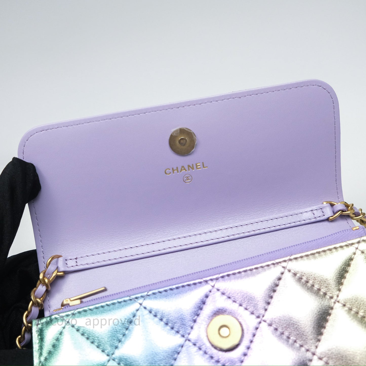 Chanel Quilted Phone Holder with Chain Metallic Rainbow Lambskin Aged Gold Hardware 24C
