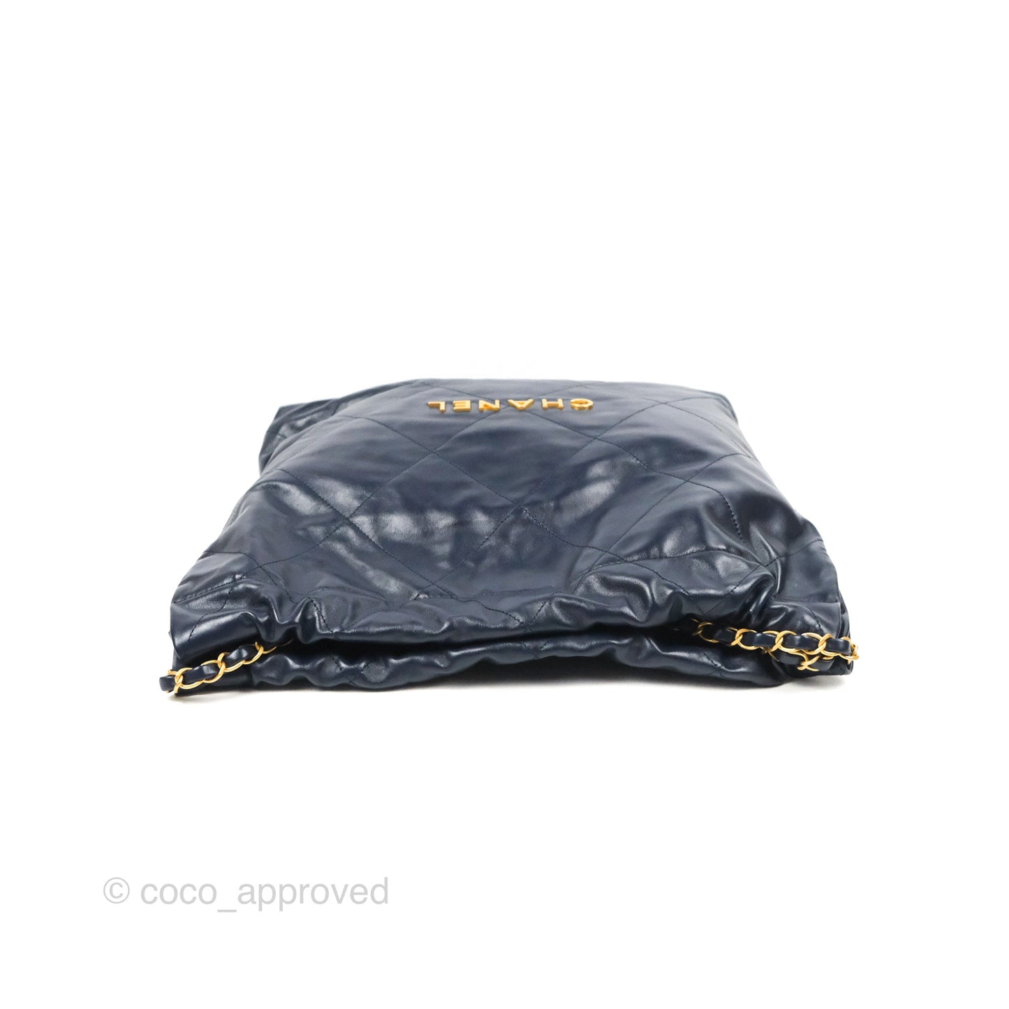 Chanel 22 Medium Navy Shiny Calfskin Aged Gold Hardware
