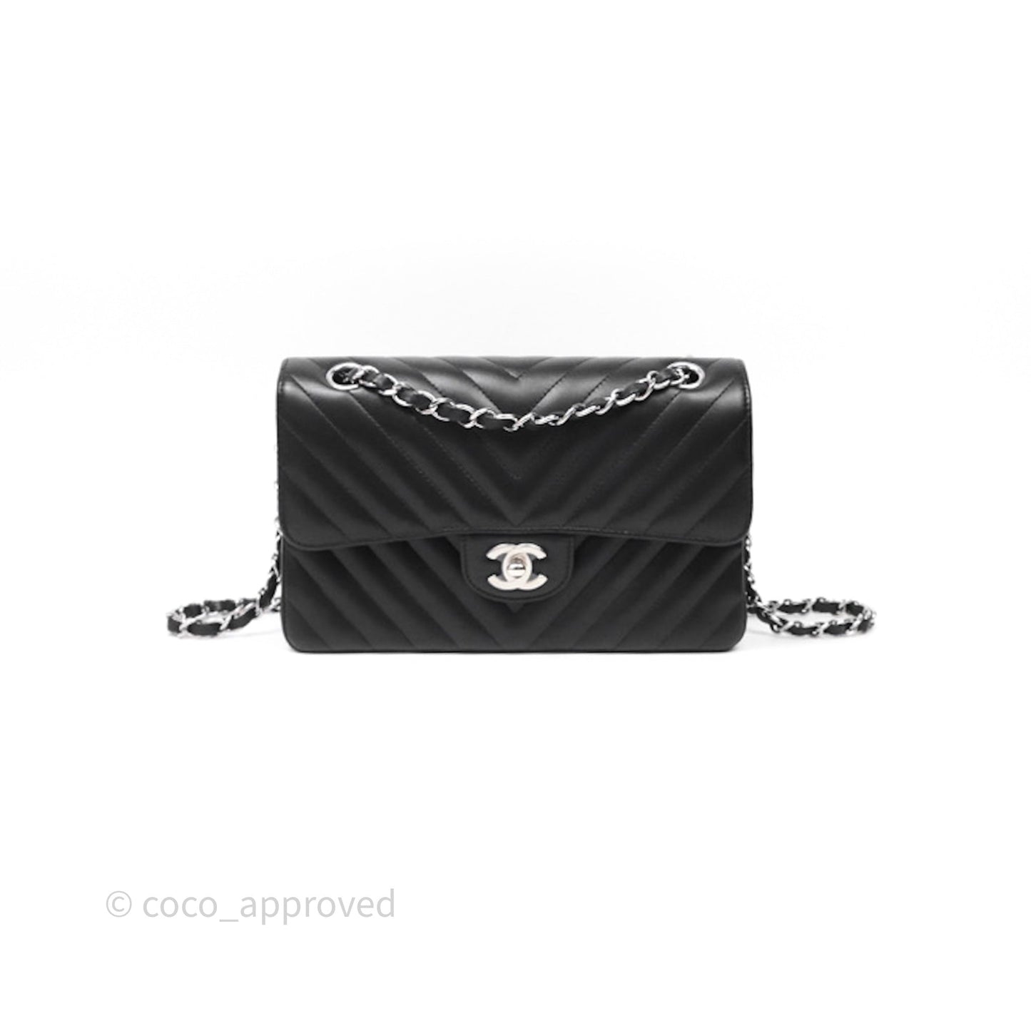 Chanel Small Classic Chevron Flap Black Lambskin Silver Hardware