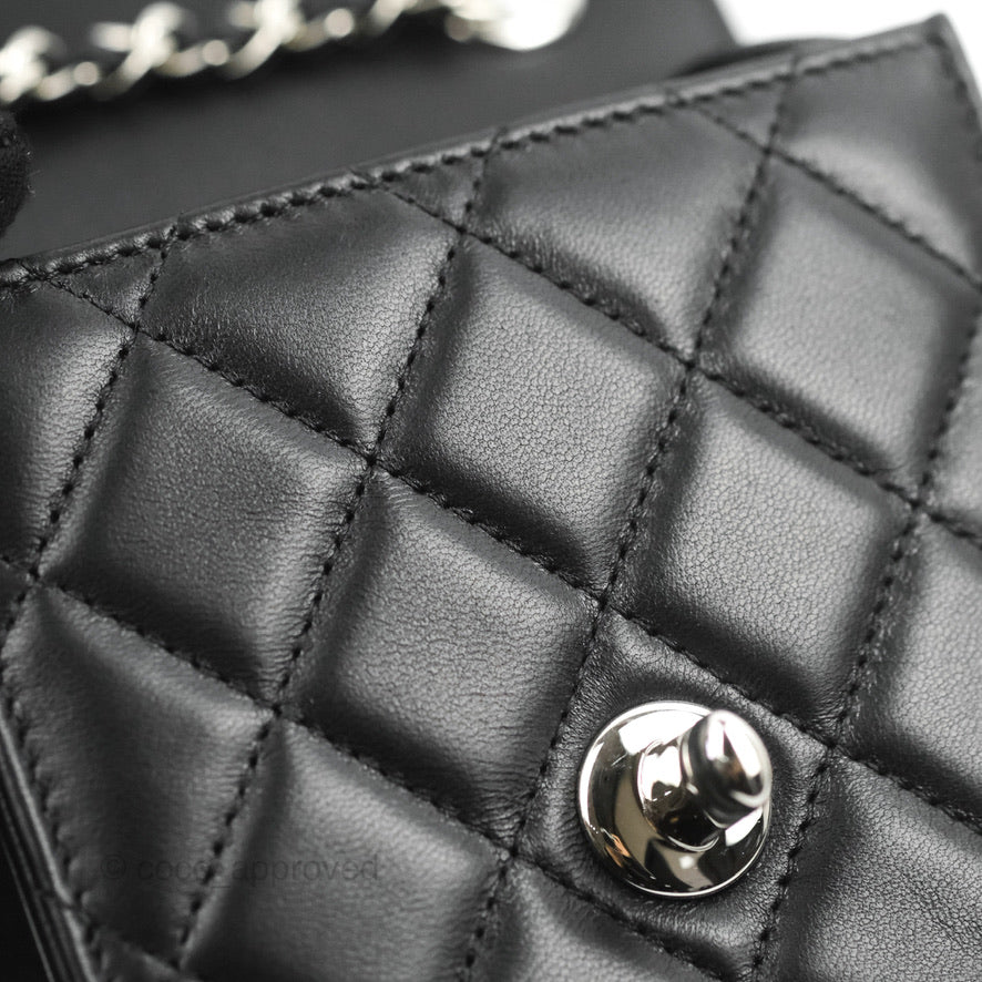 Chanel Classic Quilted Phone Holder Black Lambskin Silver Hardware