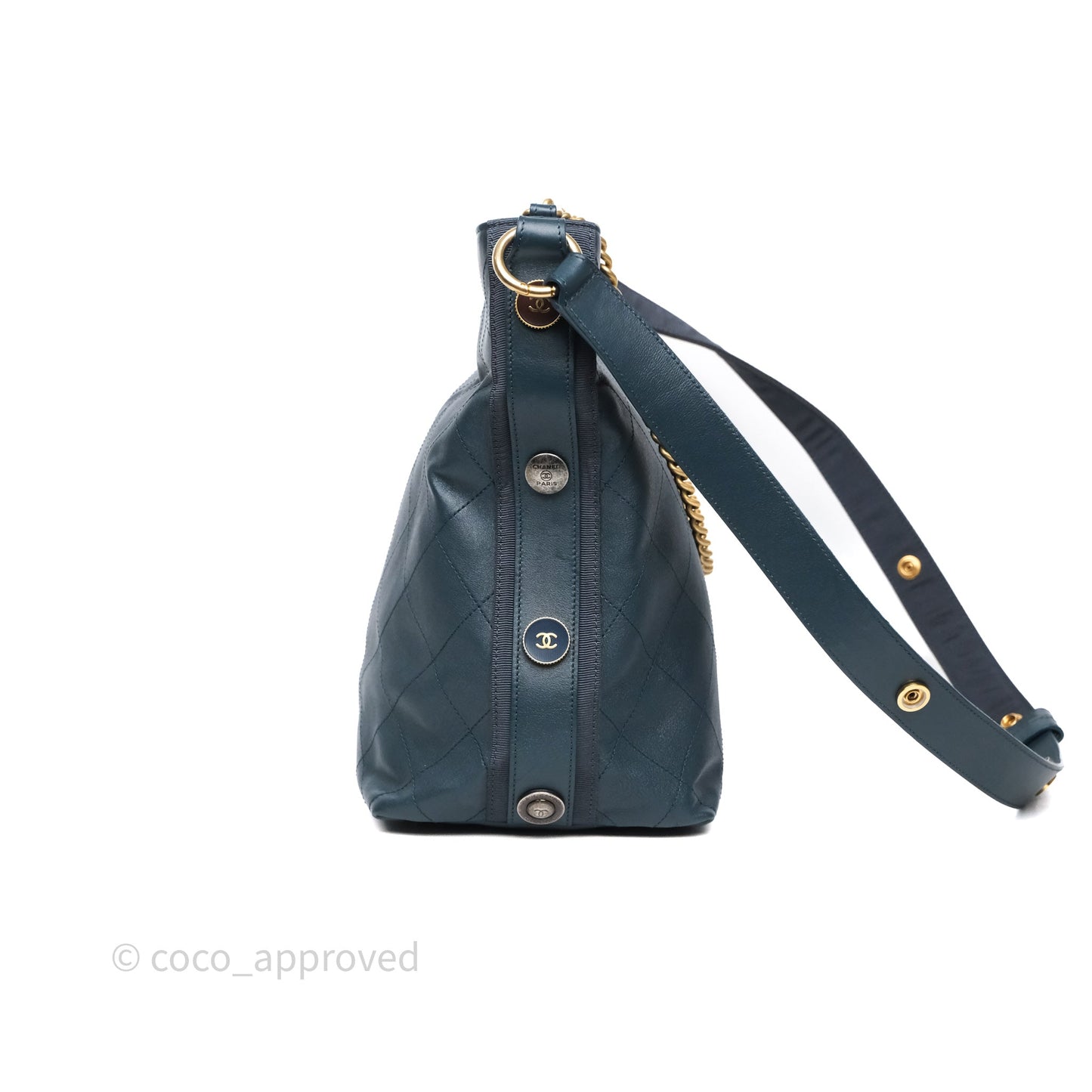 Chanel Button Up Hobo Bag Quilted Teal Calfskin Aged Gold Hardware