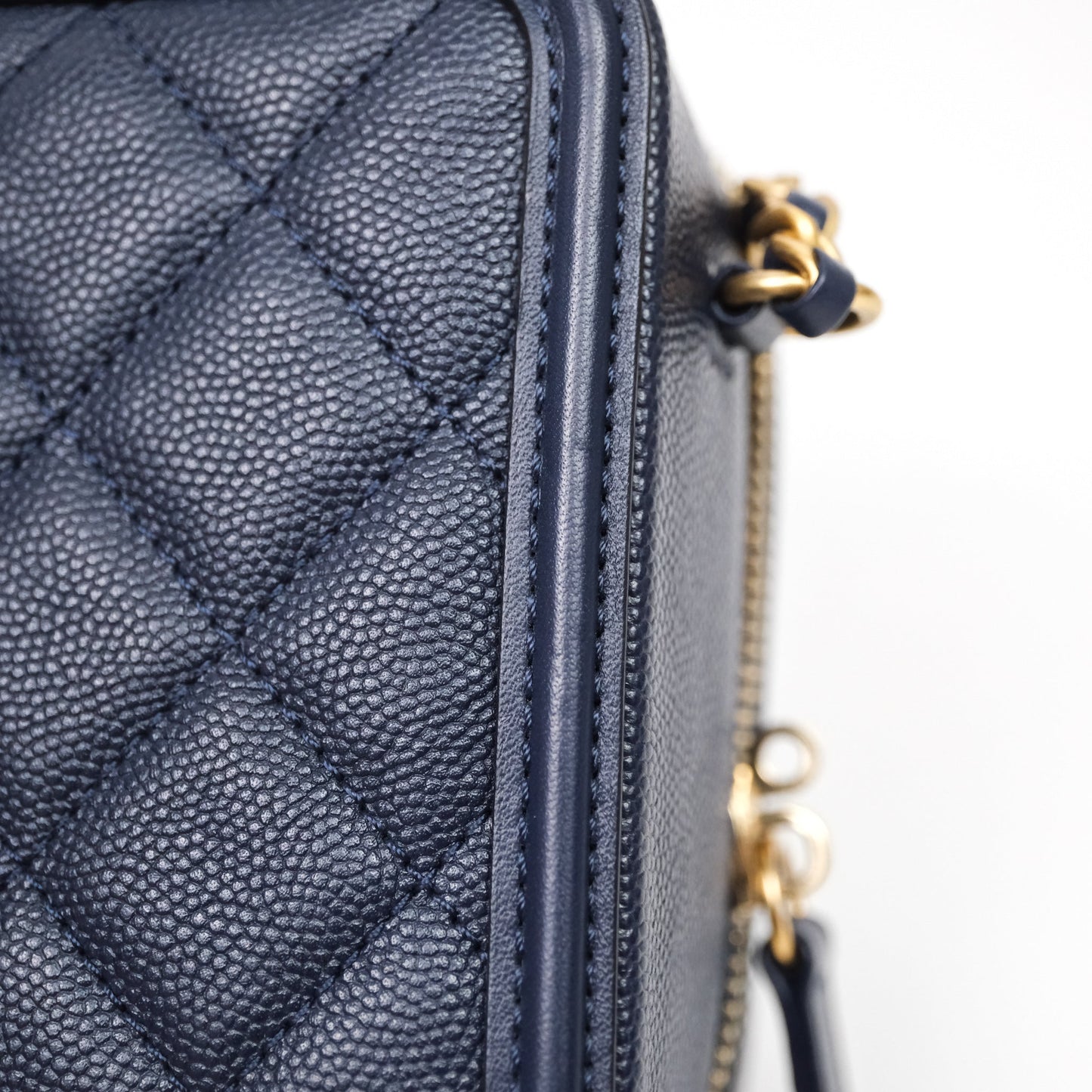 Chanel Quilted Small CC Filigree Vanity Case Navy Caviar Gold Hardware